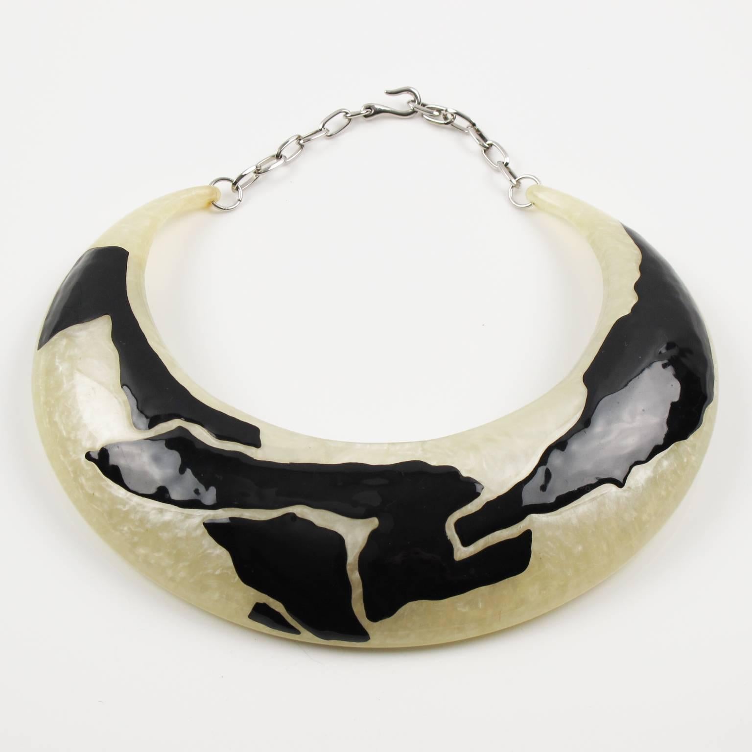 Italian Artisan Studio Pearlized Bib Collar Necklace with Abstract Black Enamel 3