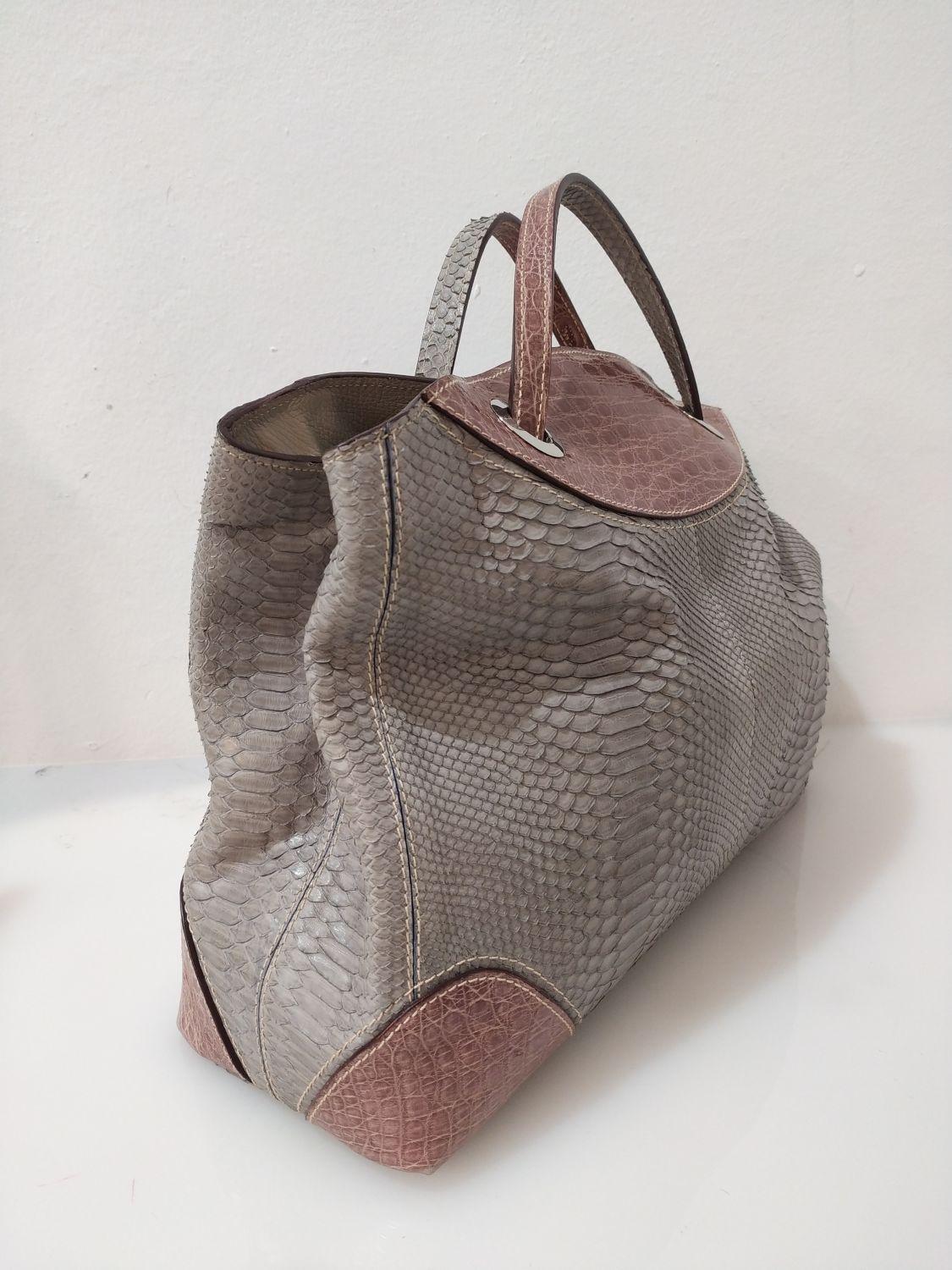 Gray Italian Artisanal Python and Crocodile Bag For Sale
