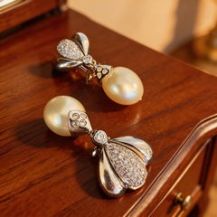 Italian Artisanal White Gold, Pearls and Diamond Bee Earrings