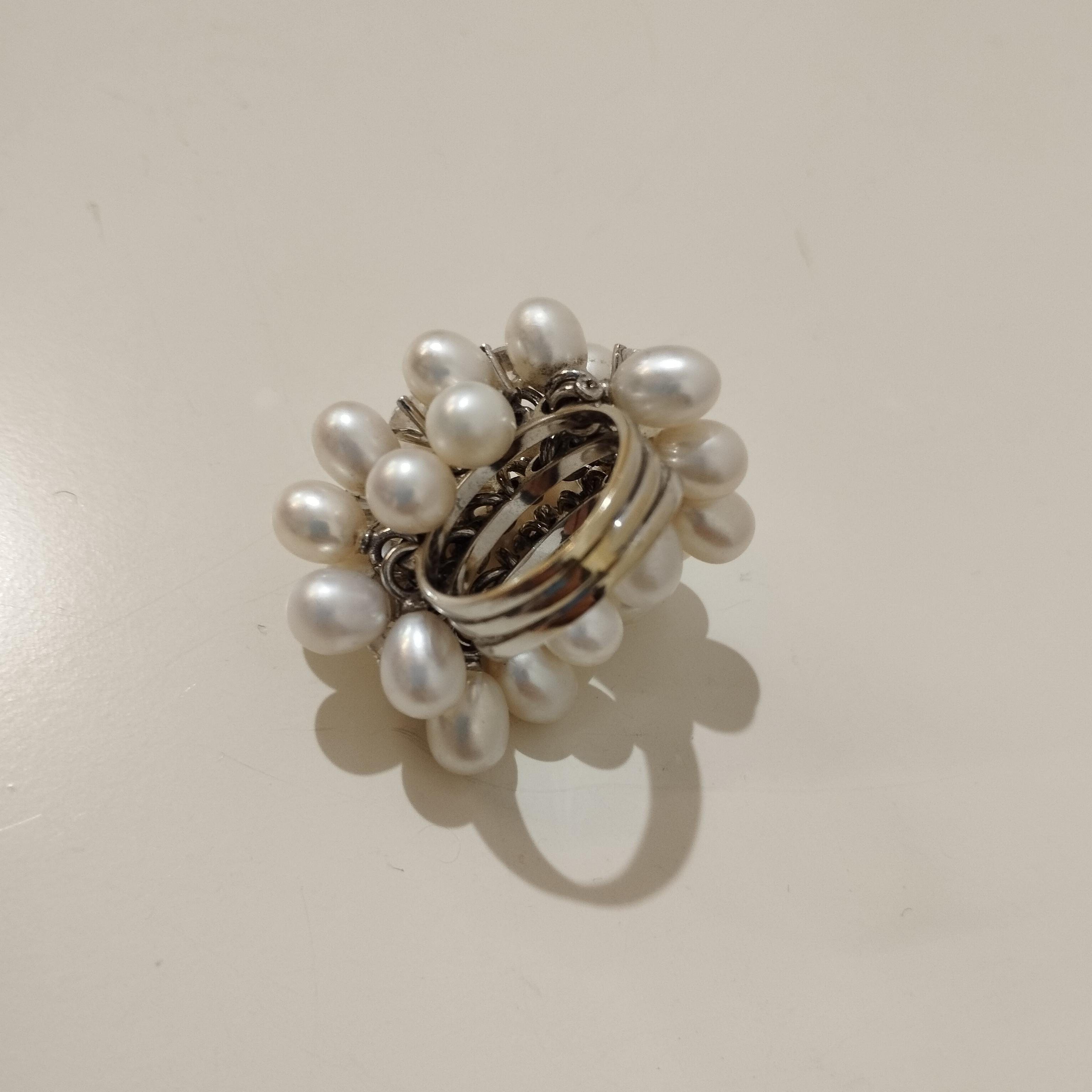 Women's Italian Artisanal White Gold, Pearls and Zircon Ring US5 For Sale