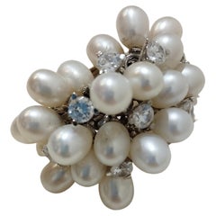 Italian Artisanal White Gold, Pearls and Zircon Ring US5