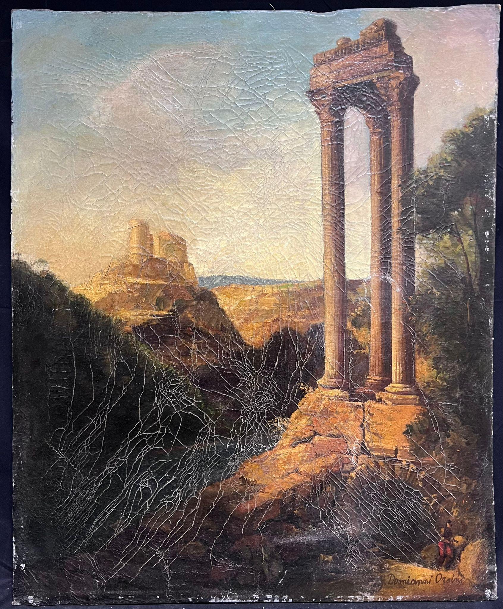 Ruinas antiguas
Figura en un paisaje capriccio
Artista italiano, siglo XIX
óleo sobre lienzo firmado, sin enmarcar
Lienzo 31 x 25,5 pulgadas
Procedencia: Colección privada
Estado: el cuadro está en buen estado, pero tiene un agrietamiento