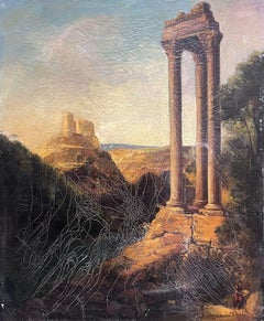 Gran Cuadro Italiano Antiguo Figura Paisaje Romántico Arquitectura Clásica