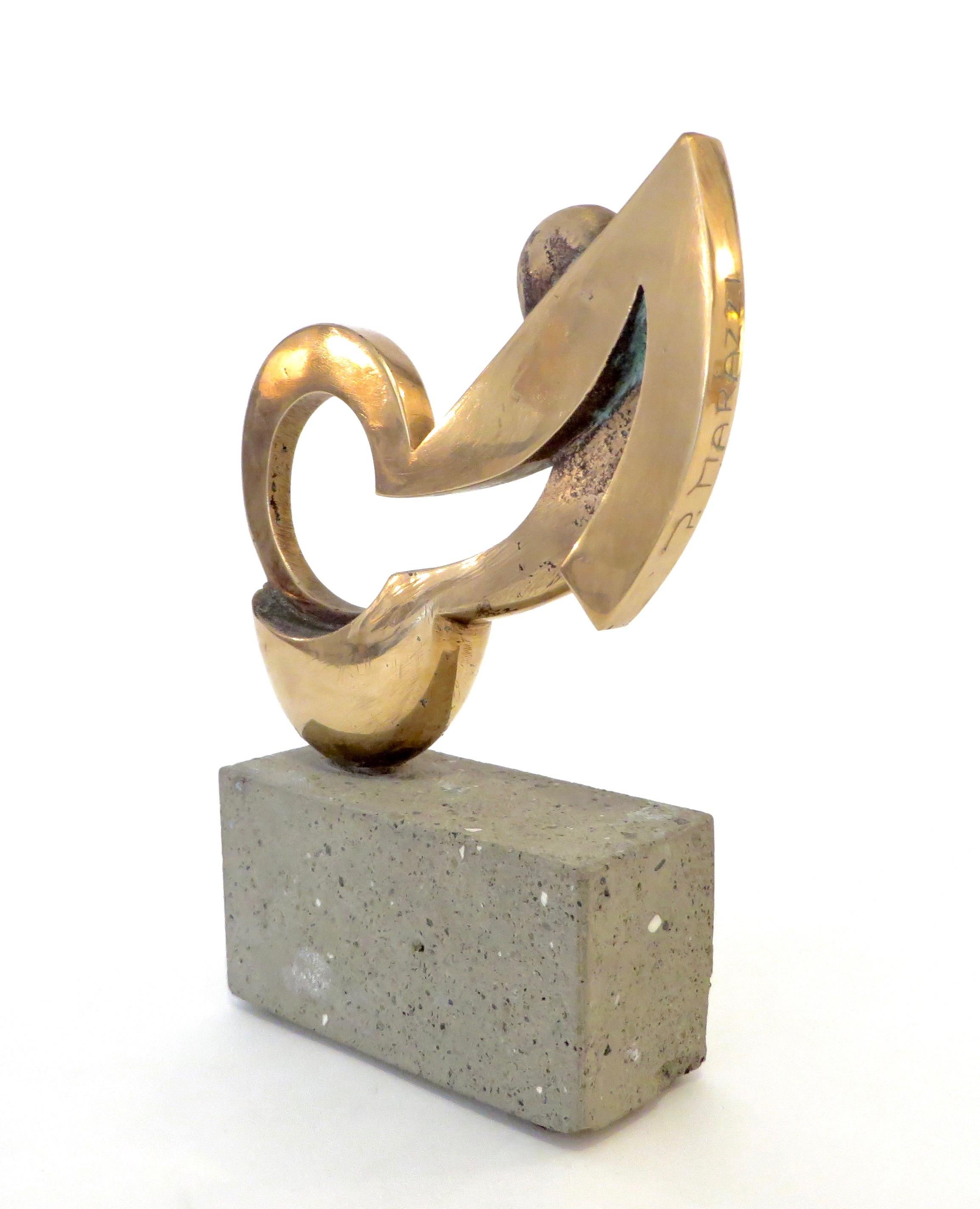 Italian artist Paolo Marazzi signed small bronze abstract sculpture on stone pedestal titled Unione Spaziale.
Overall size 5