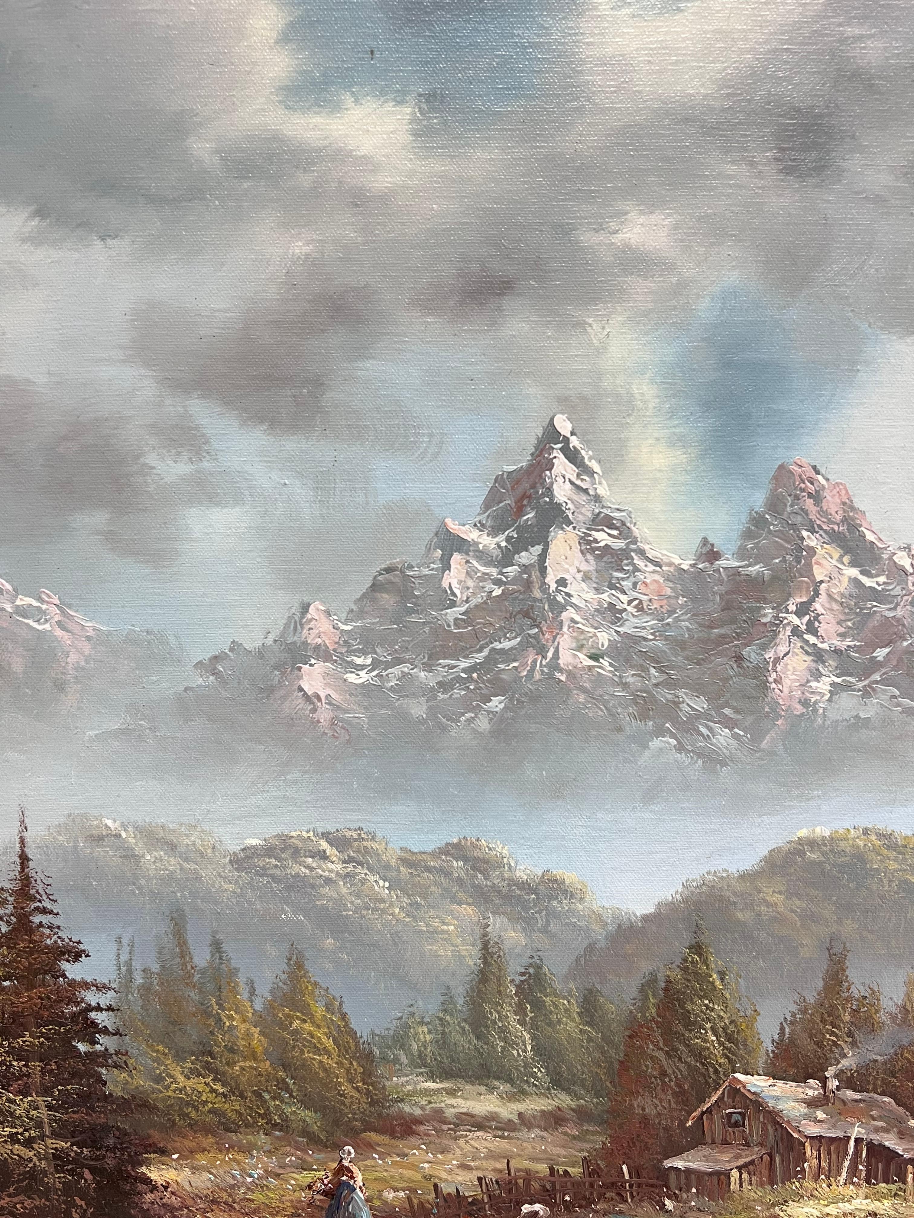 Große italienische alpine Bergszene schneebedeckte Berge signiert Ölgemälde im Angebot 6