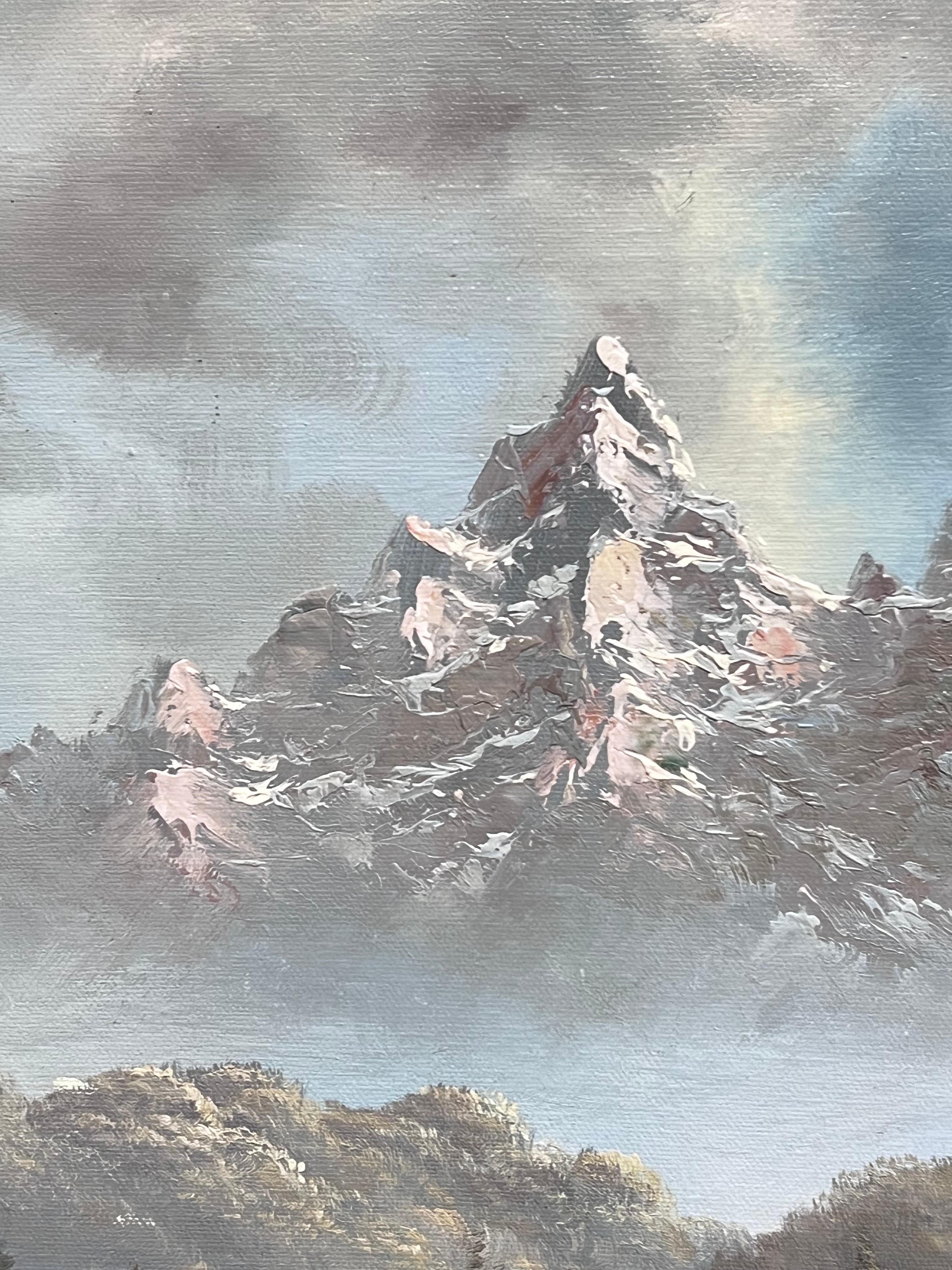 Große italienische alpine Bergszene schneebedeckte Berge signiert Ölgemälde (Italienische Schule), Painting, von Italian Artist