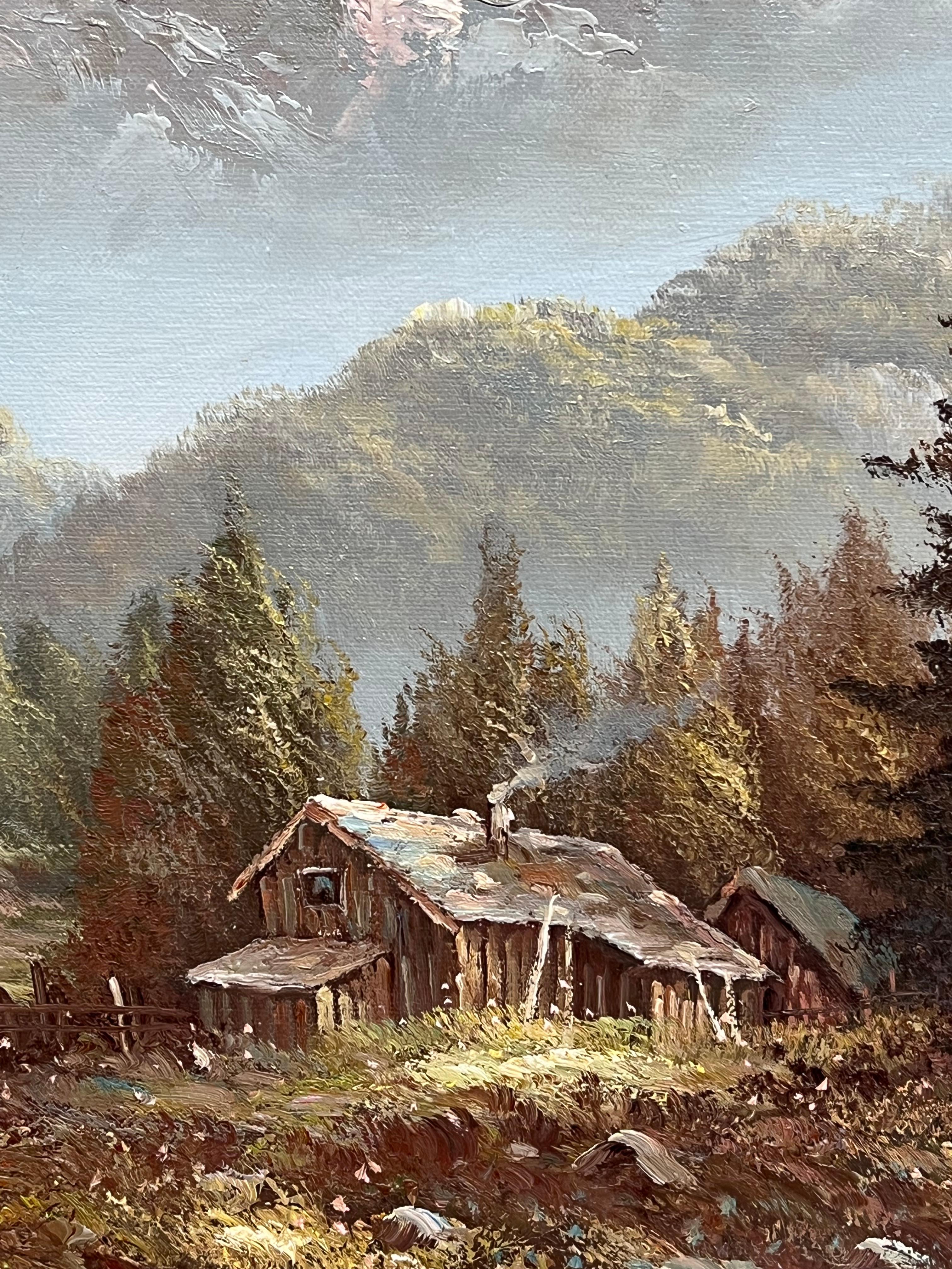 Große italienische alpine Bergszene schneebedeckte Berge signiert Ölgemälde (Braun), Figurative Painting, von Italian Artist