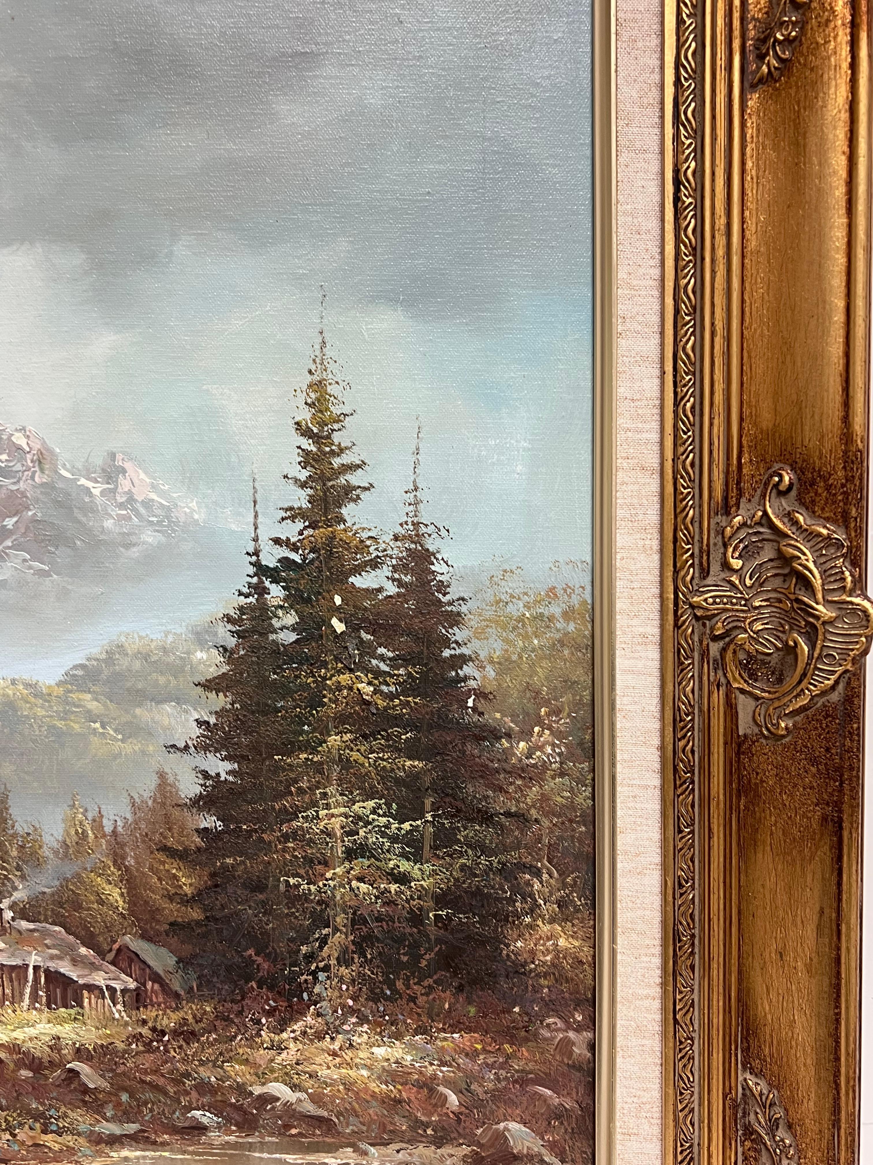 Große italienische alpine Bergszene schneebedeckte Berge signiert Ölgemälde im Angebot 4