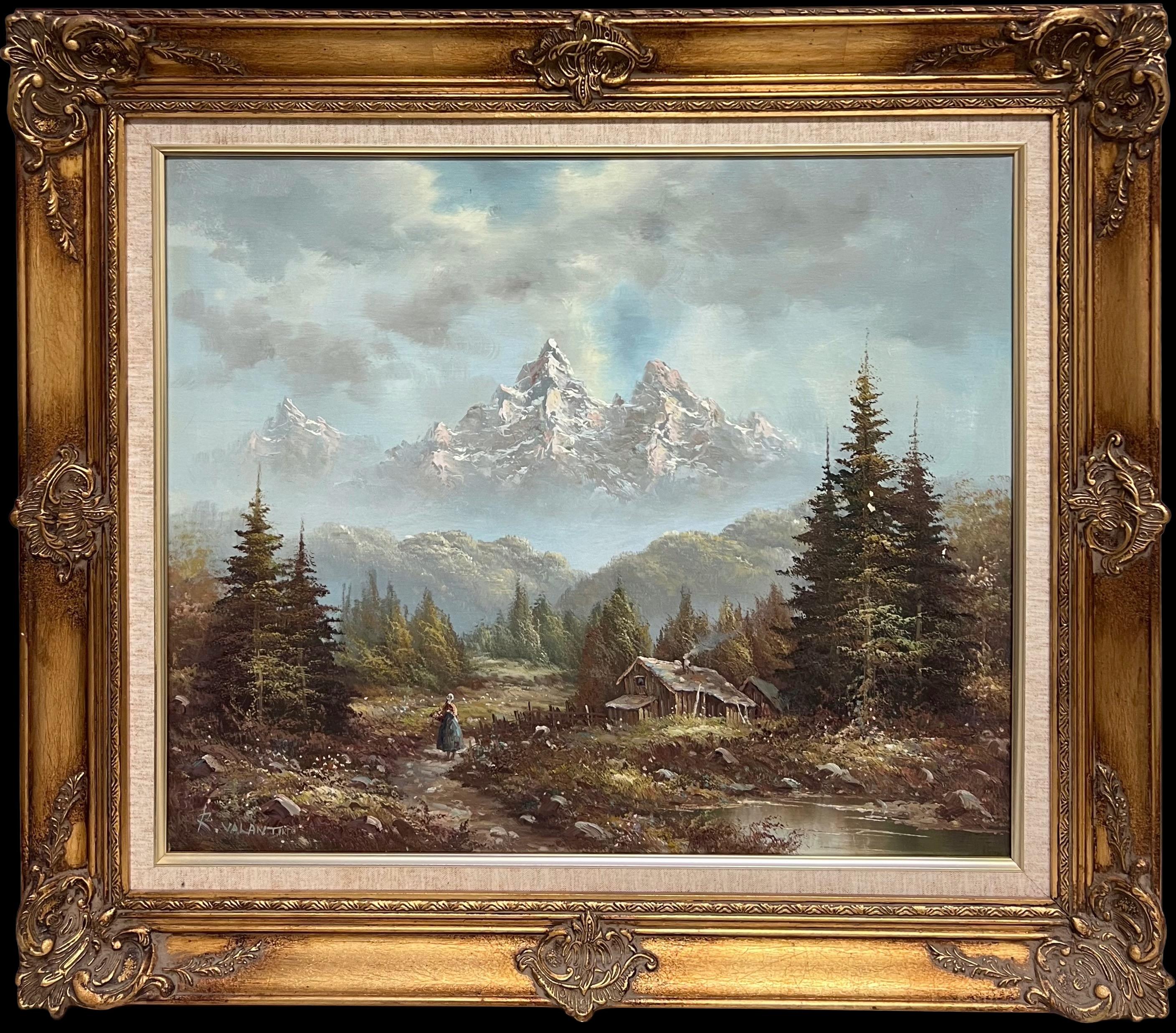 Large Italian Alpine Mountain Scene Snow Capped Mountains Signed Oil Painting