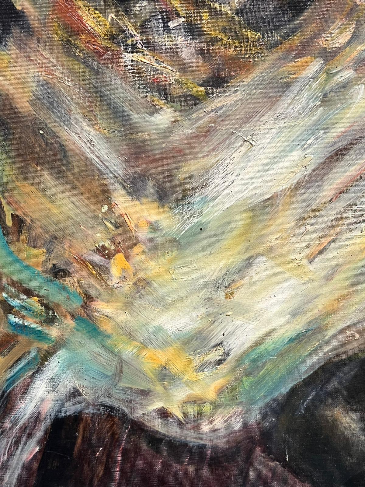 Dos damas venecianas vestidas de carnaval Enorme pintura al óleo firmada Mediados del siglo XX en venta 5
