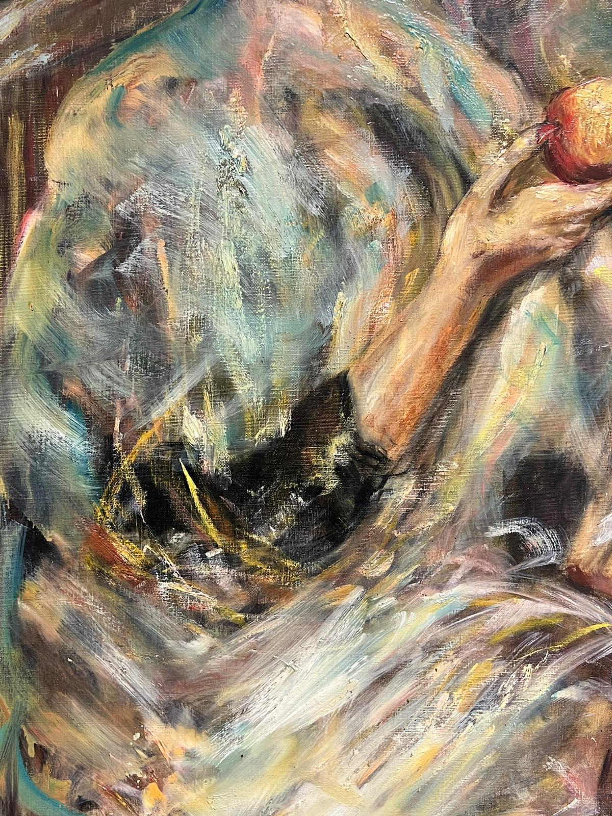 Dos damas venecianas vestidas de carnaval Enorme pintura al óleo firmada Mediados del siglo XX en venta 6