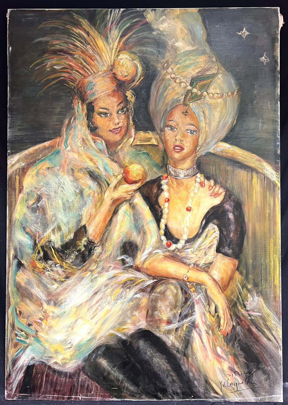 Dos damas venecianas vestidas de carnaval Enorme pintura al óleo firmada Mediados del siglo XX - Painting de Italian Artist