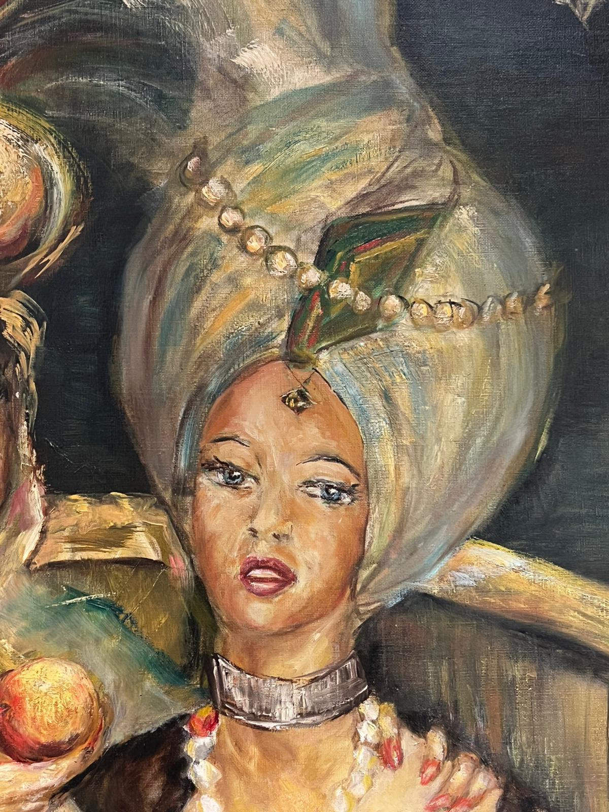 Dos damas venecianas vestidas de carnaval Enorme pintura al óleo firmada Mediados del siglo XX - Painting Posimpresionista de Italian Artist