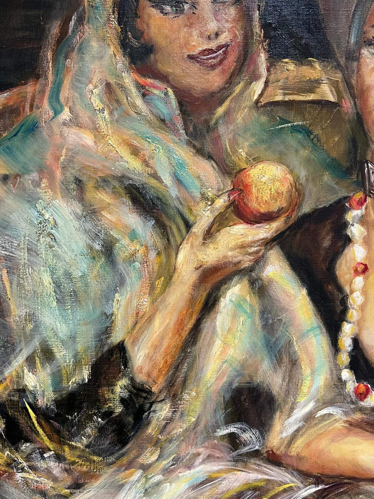 Dos damas venecianas vestidas de carnaval Enorme pintura al óleo firmada Mediados del siglo XX - Figurative Painting Marrón de Italian Artist