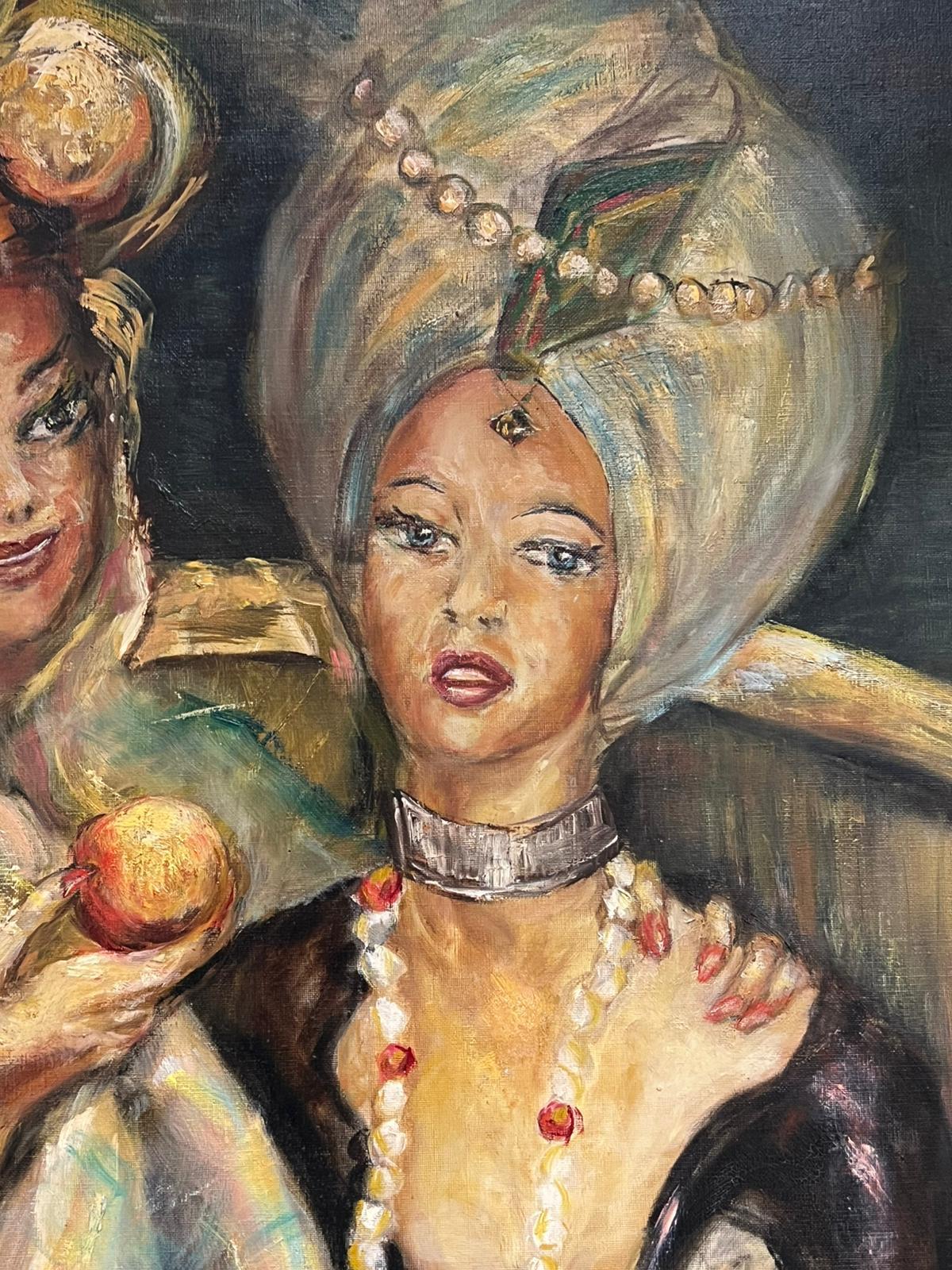 Dos damas venecianas vestidas de carnaval Enorme pintura al óleo firmada Mediados del siglo XX en venta 1