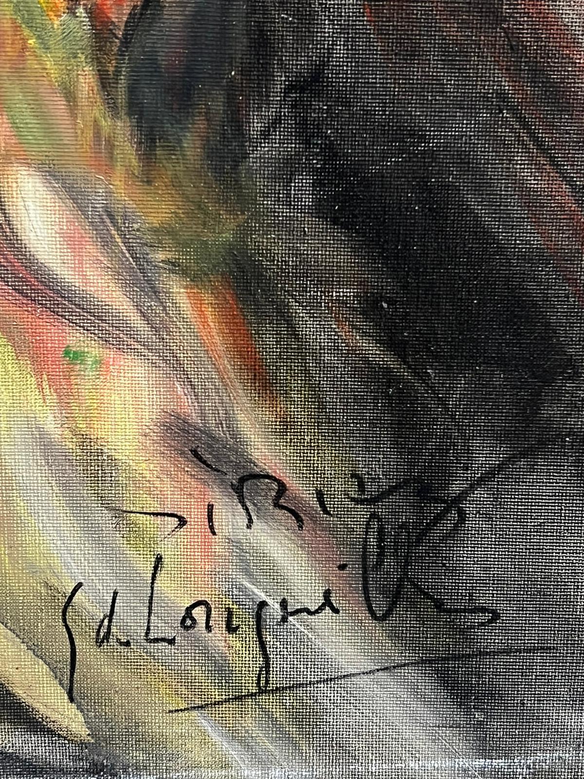 Dos damas venecianas vestidas de carnaval Enorme pintura al óleo firmada Mediados del siglo XX en venta 3