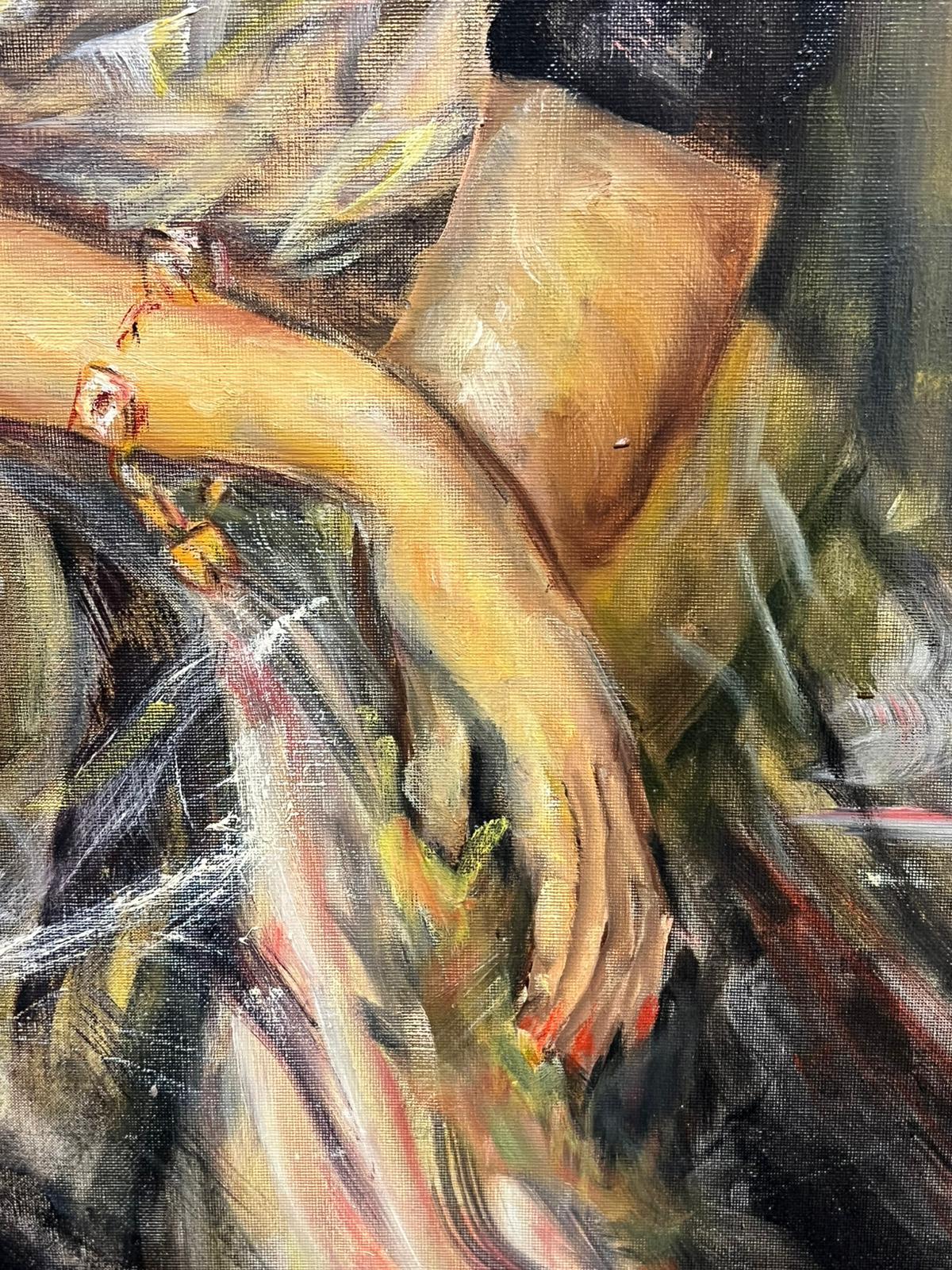 Dos damas venecianas vestidas de carnaval Enorme pintura al óleo firmada Mediados del siglo XX en venta 4