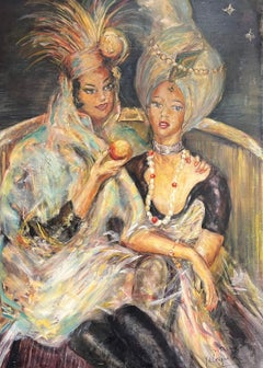 Due signore veneziane vestite a carnevale, enorme dipinto a olio firmato della metà del XX secolo