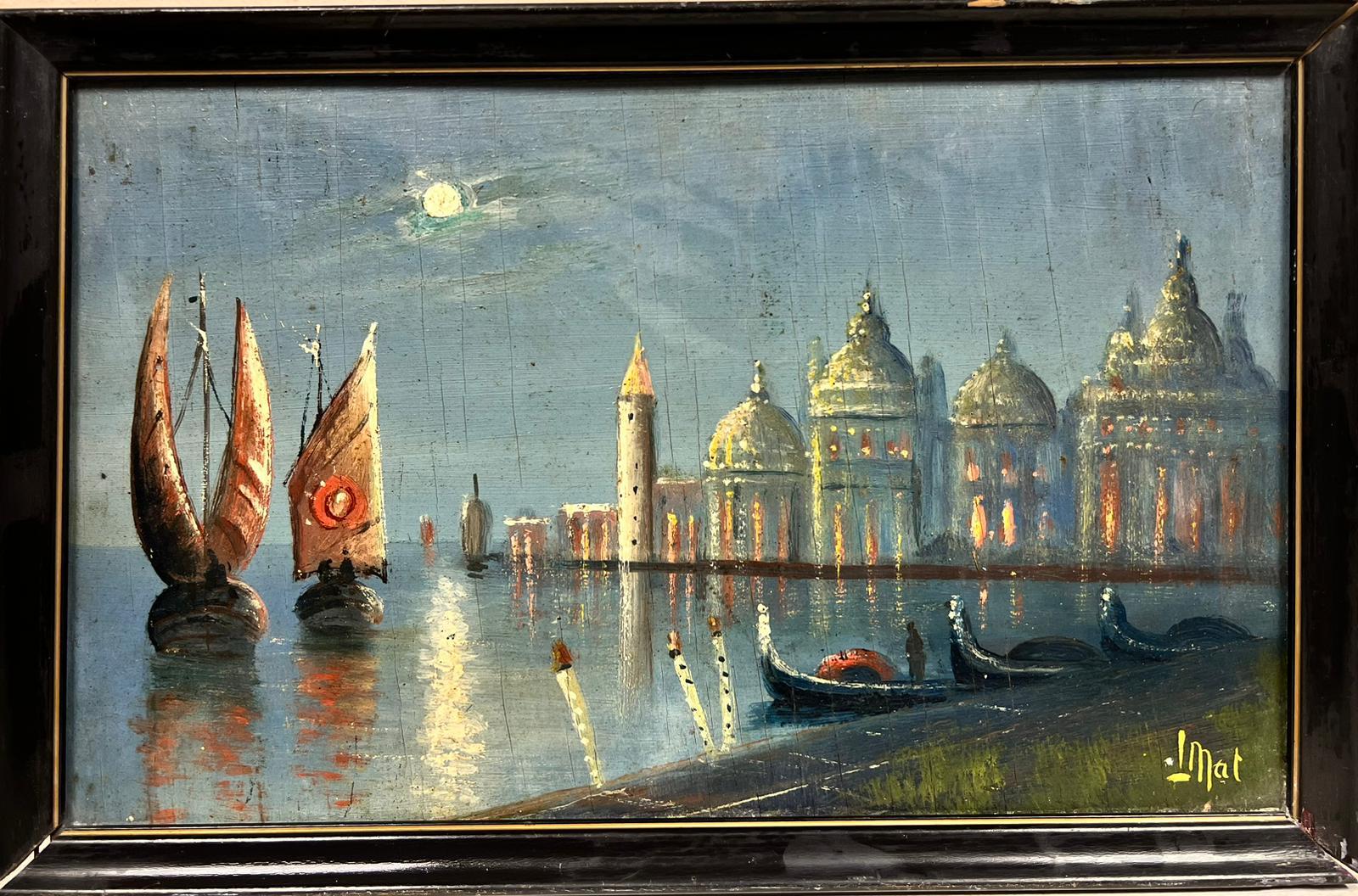 Venice at Night, signed mid century oil painting  - Painting by Italian Artist