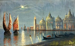 Venice at Night, signed mid century oil painting 