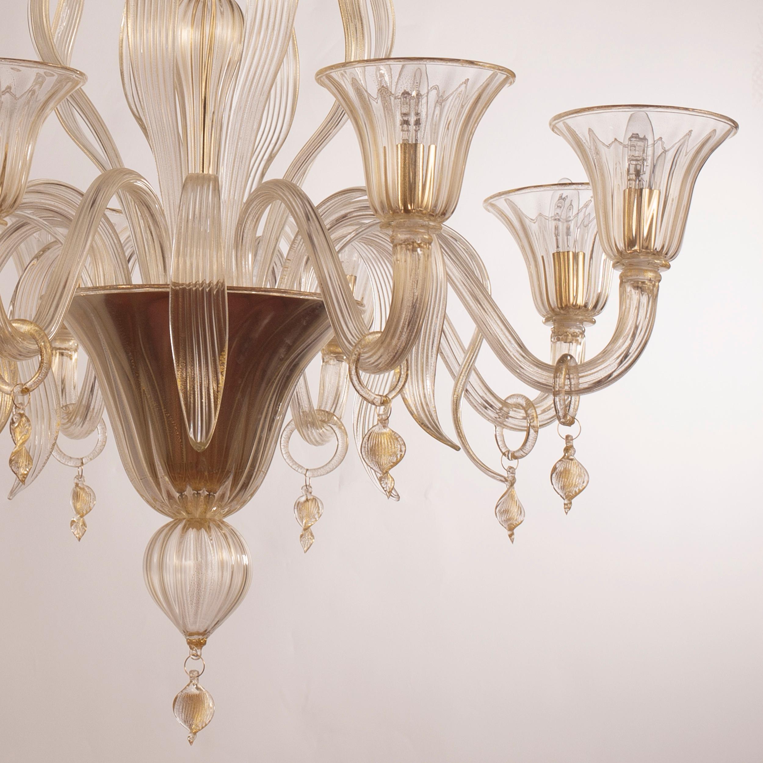 Vetro soffiato Lampadario artistico italiano a 6 bracci Fluage fatto a mano in vetro di Murano oro Multiforme in vendita
