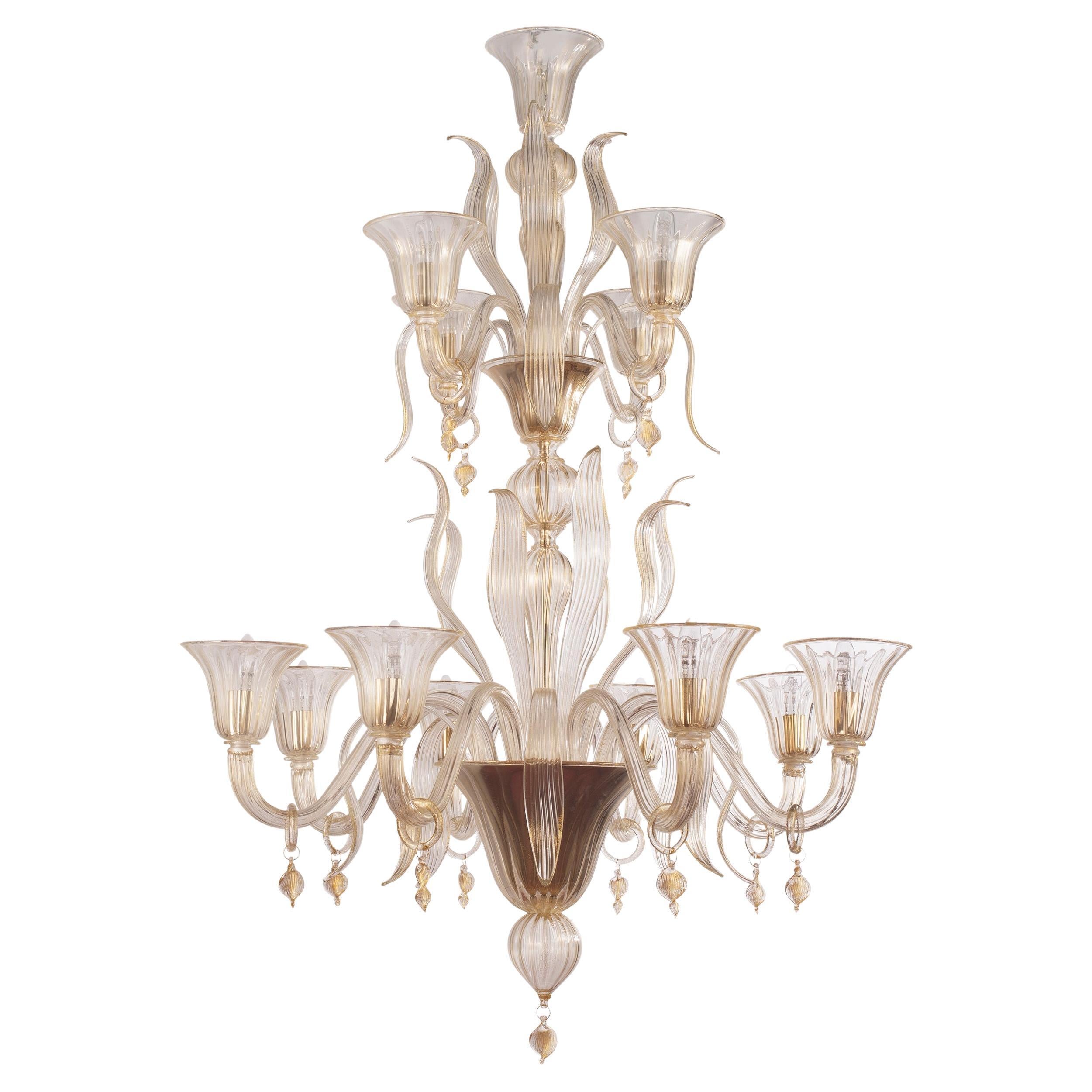 Italian artistic Chandelier 6 arms Fluage handmade Gold Murano Glass Multiforme