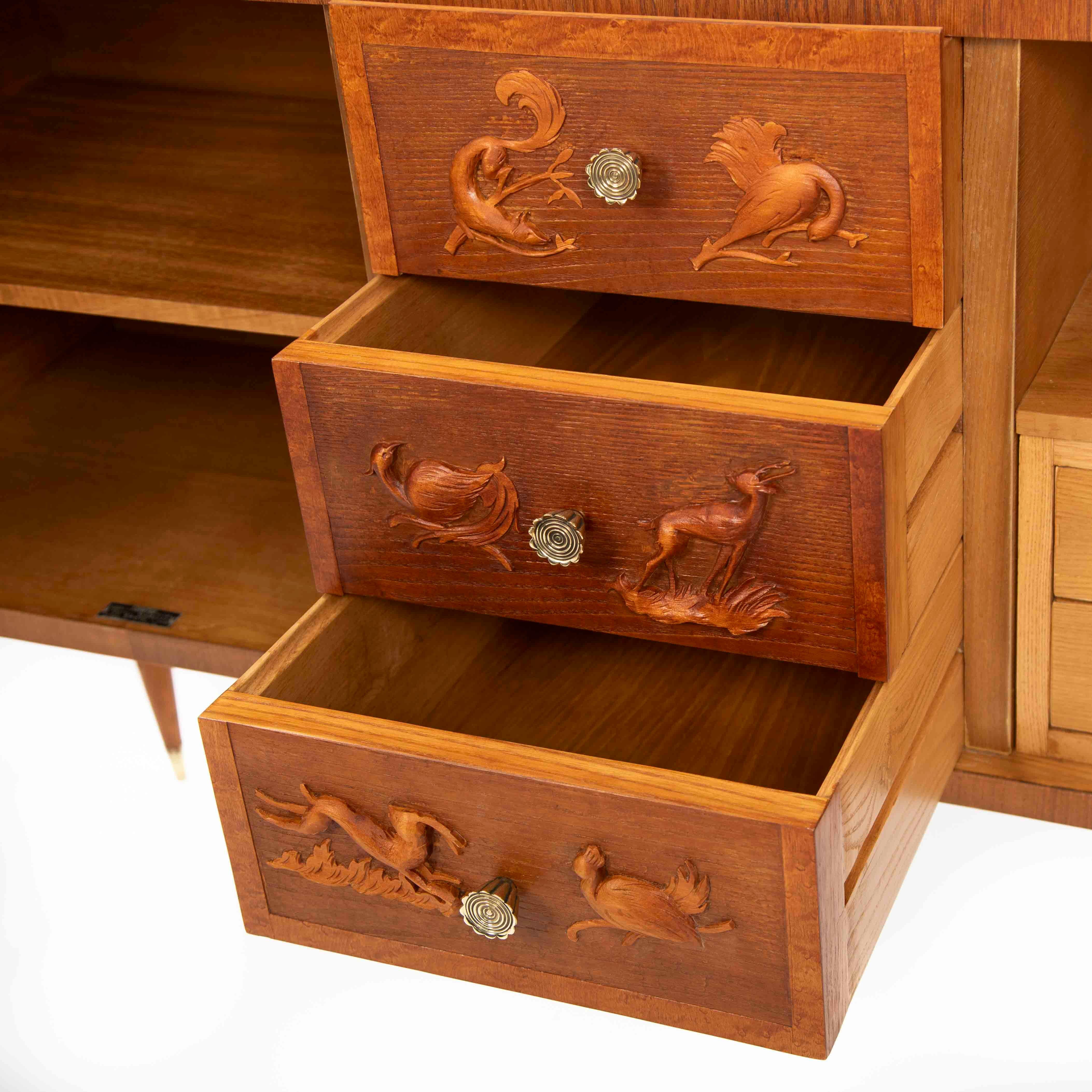 Brass Italian Artistic Oak Sideboard with Naturalistic Carvings by PierLuigi Colli 40s For Sale