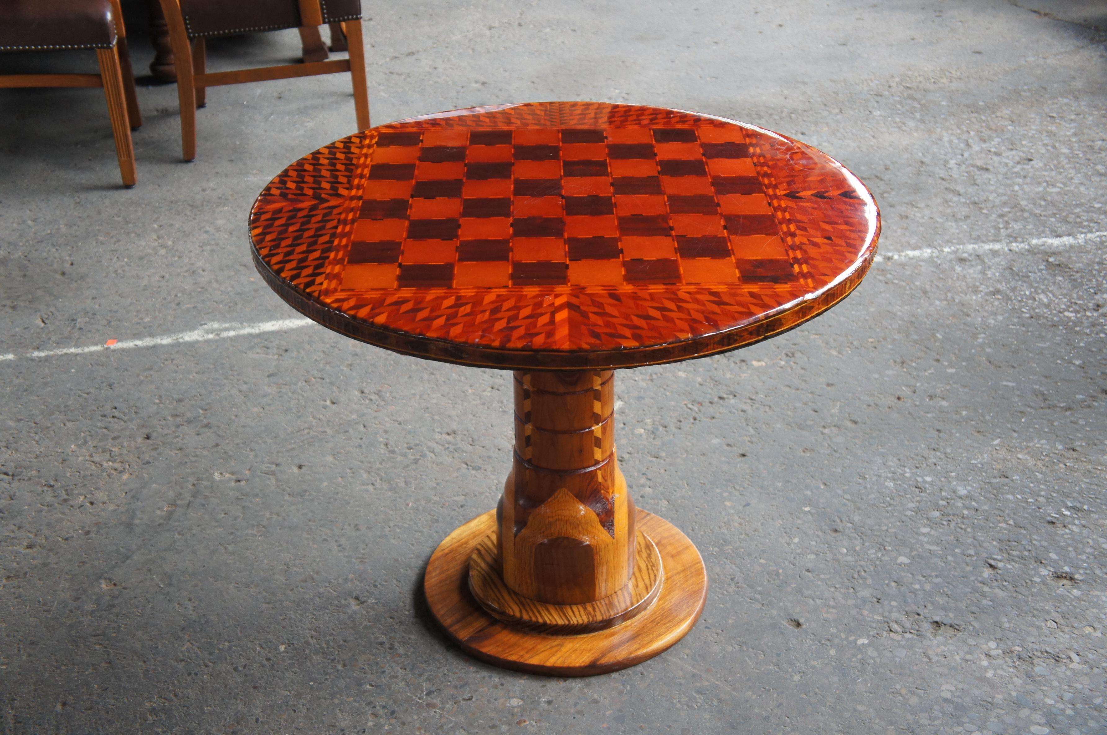 Italian Arts & Crafts Chess Checkers Side End Accent Game Table Round Parquetry 2