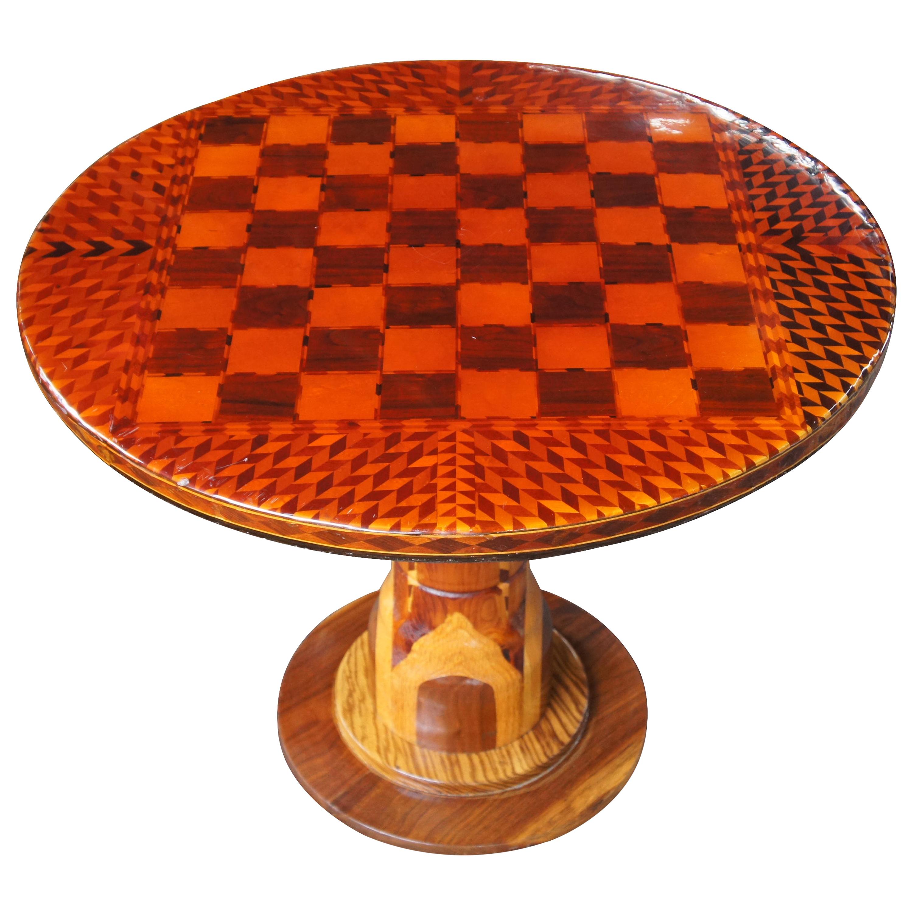Italian Arts & Crafts Chess Checkers Side End Accent Game Table Round Parquetry