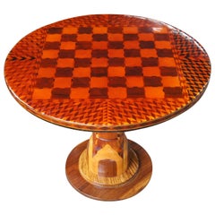 Vintage Italian Arts & Crafts Chess Checkers Side End Accent Game Table Round Parquetry