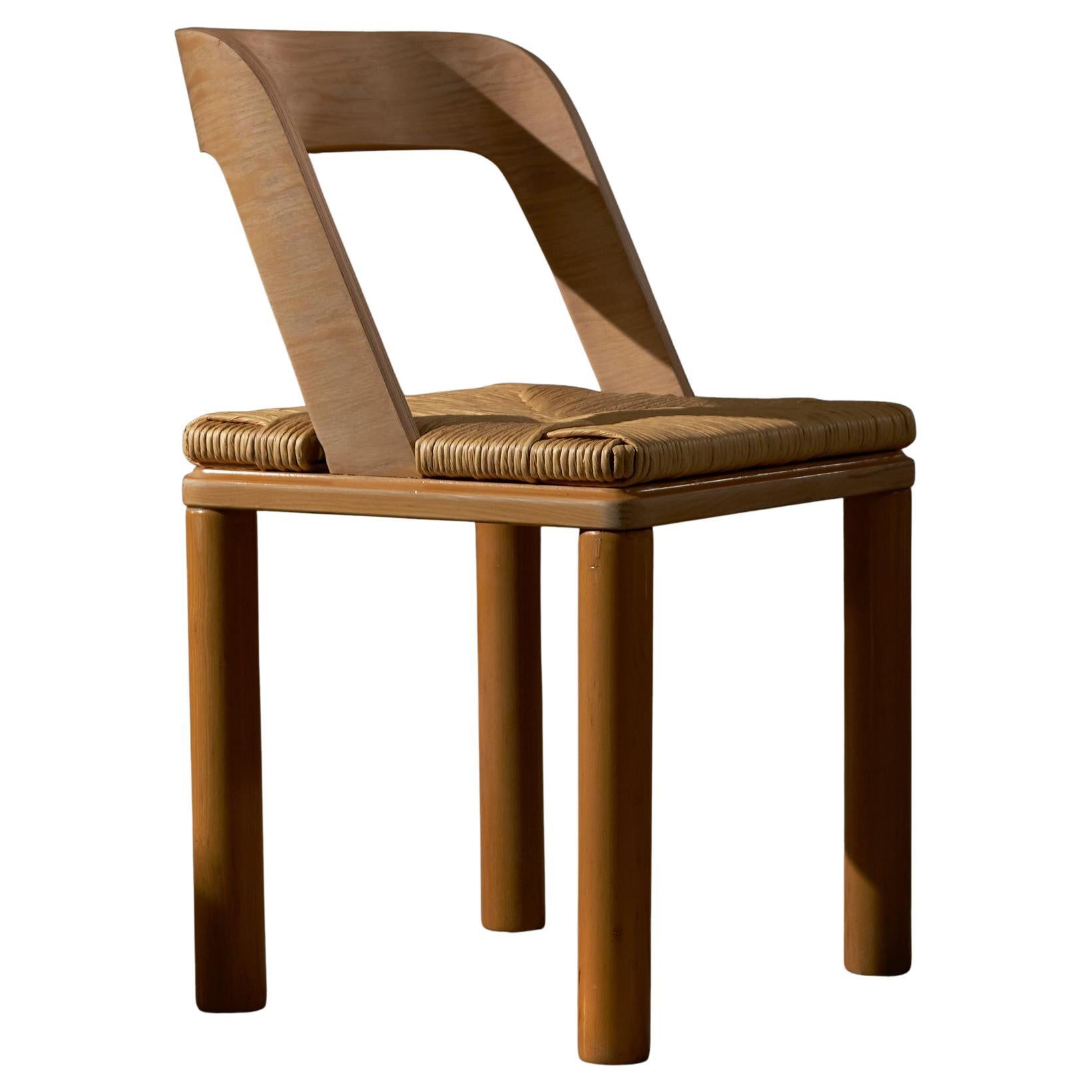 Italian Ashwood and Wicker Chair with Curved Backrest