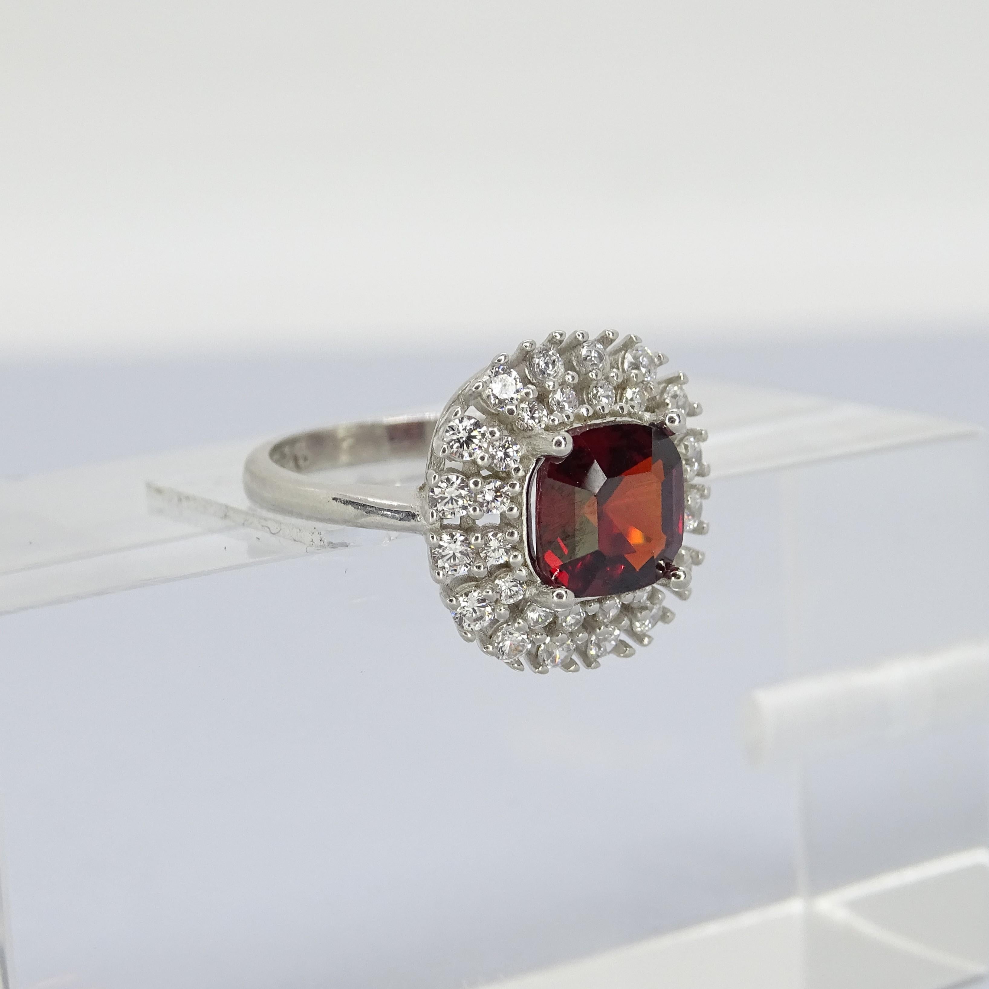Italian Asscher cut  ruby  silver zircon engagement ring For Sale 11