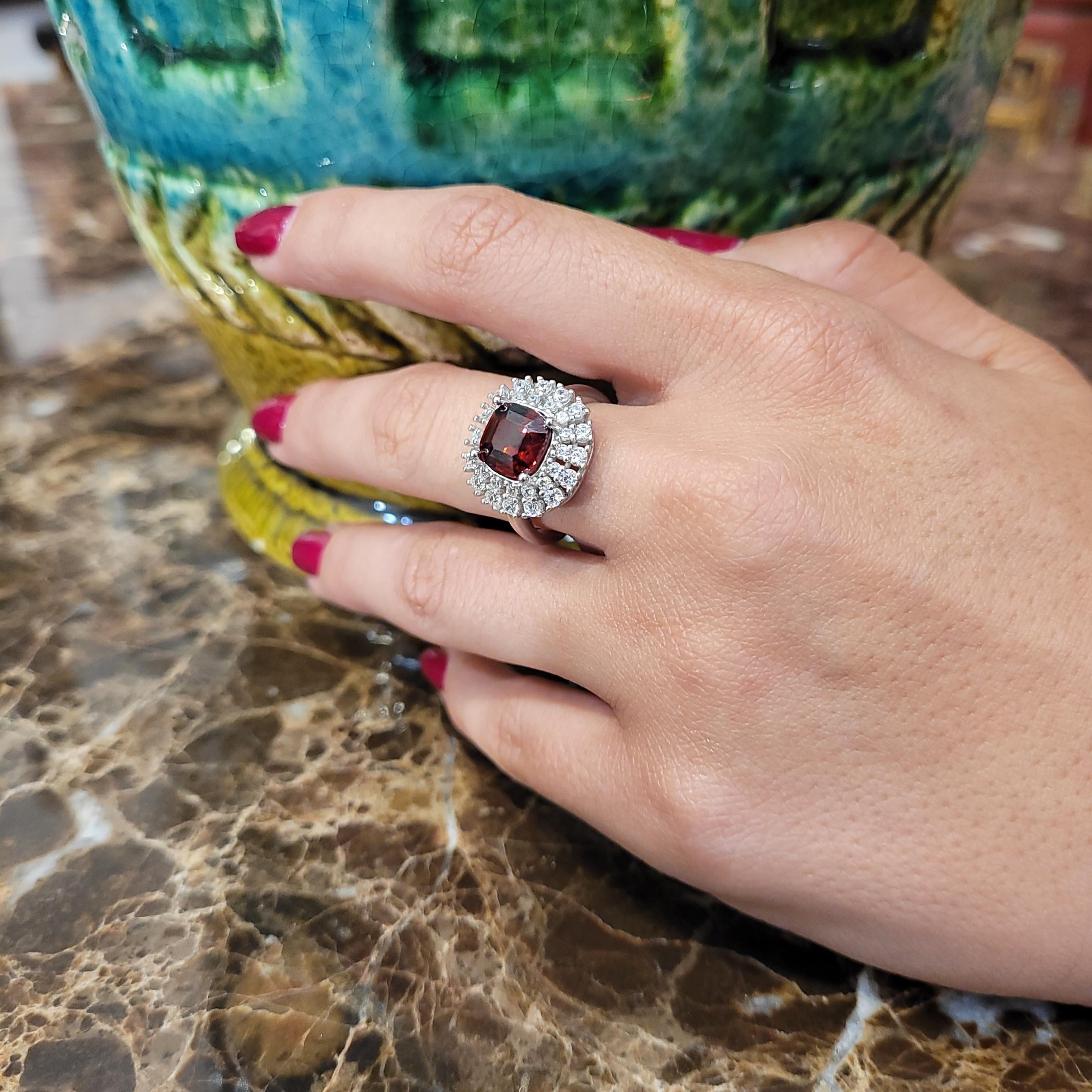 Art Deco Italian Asscher cut  ruby  silver zircon engagement ring For Sale