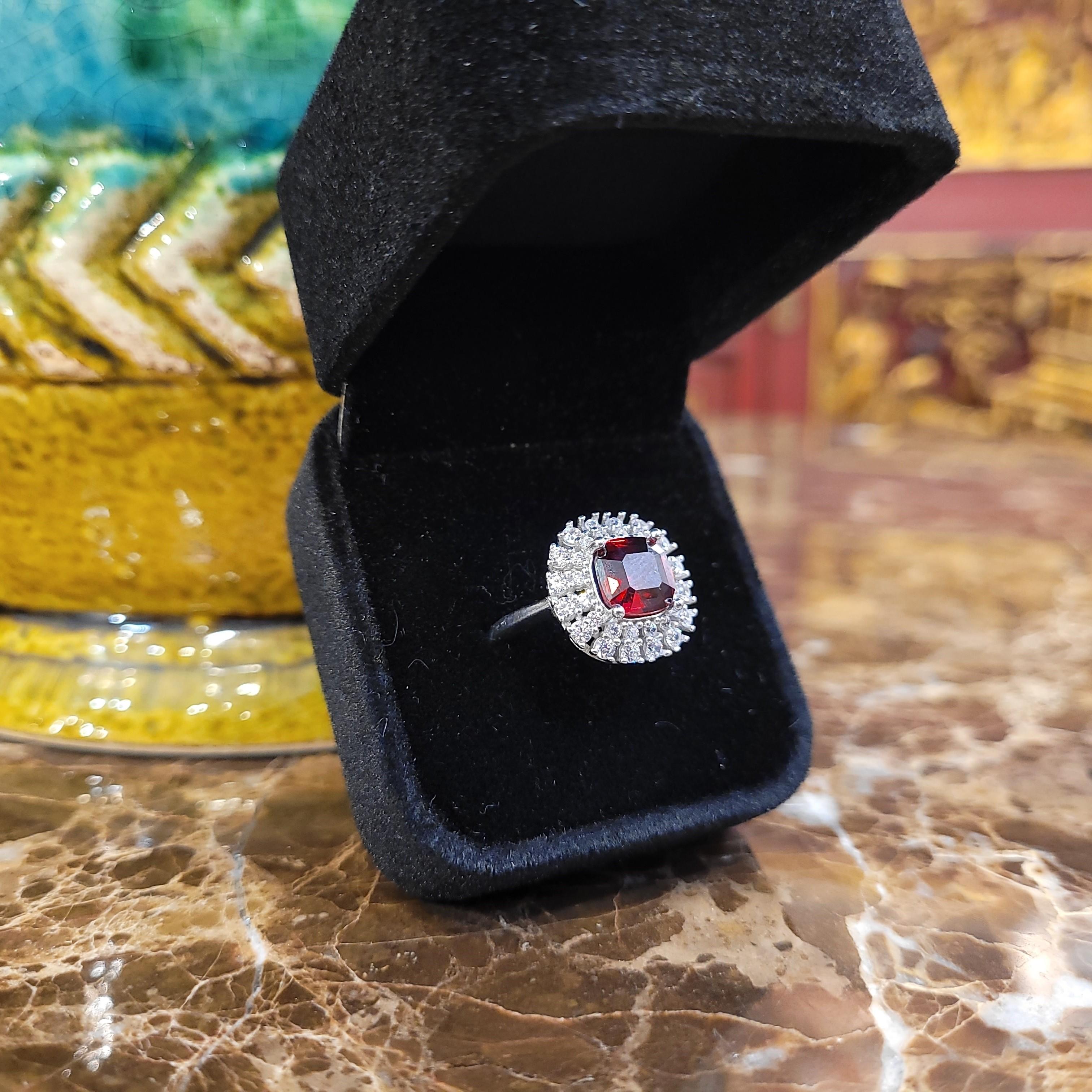 Asscher Cut Italian Asscher cut  ruby  silver zircon engagement ring For Sale