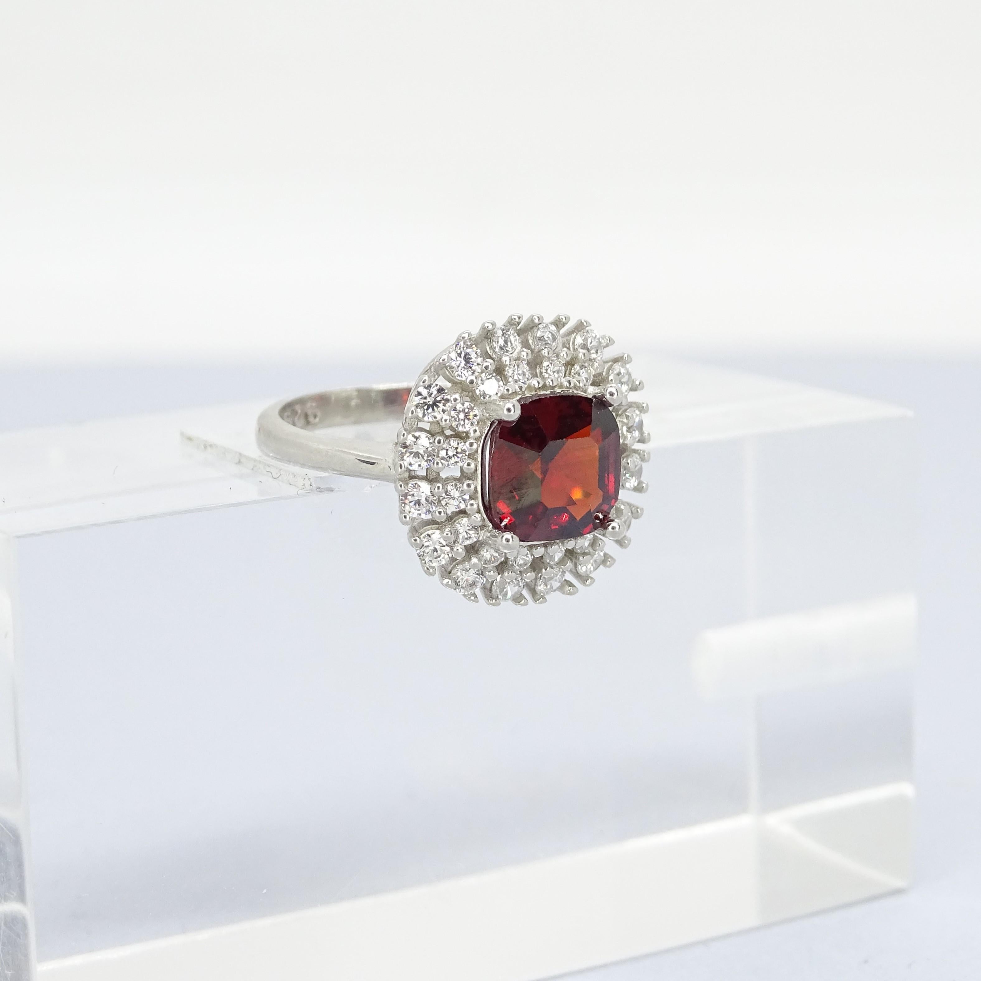 Italian Asscher cut  ruby  silver zircon engagement ring For Sale 1