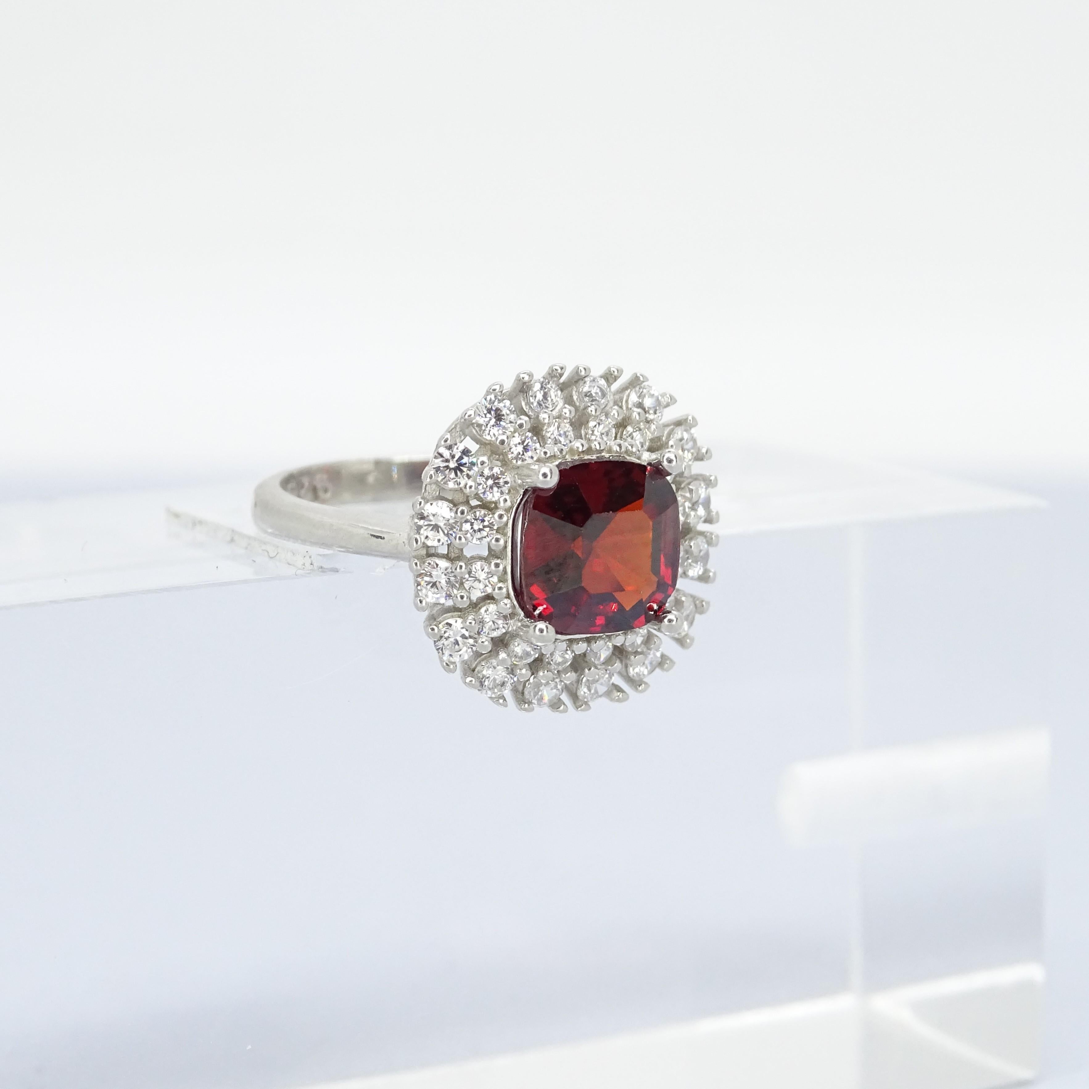 Italian Asscher cut  ruby  silver zircon engagement ring For Sale 2