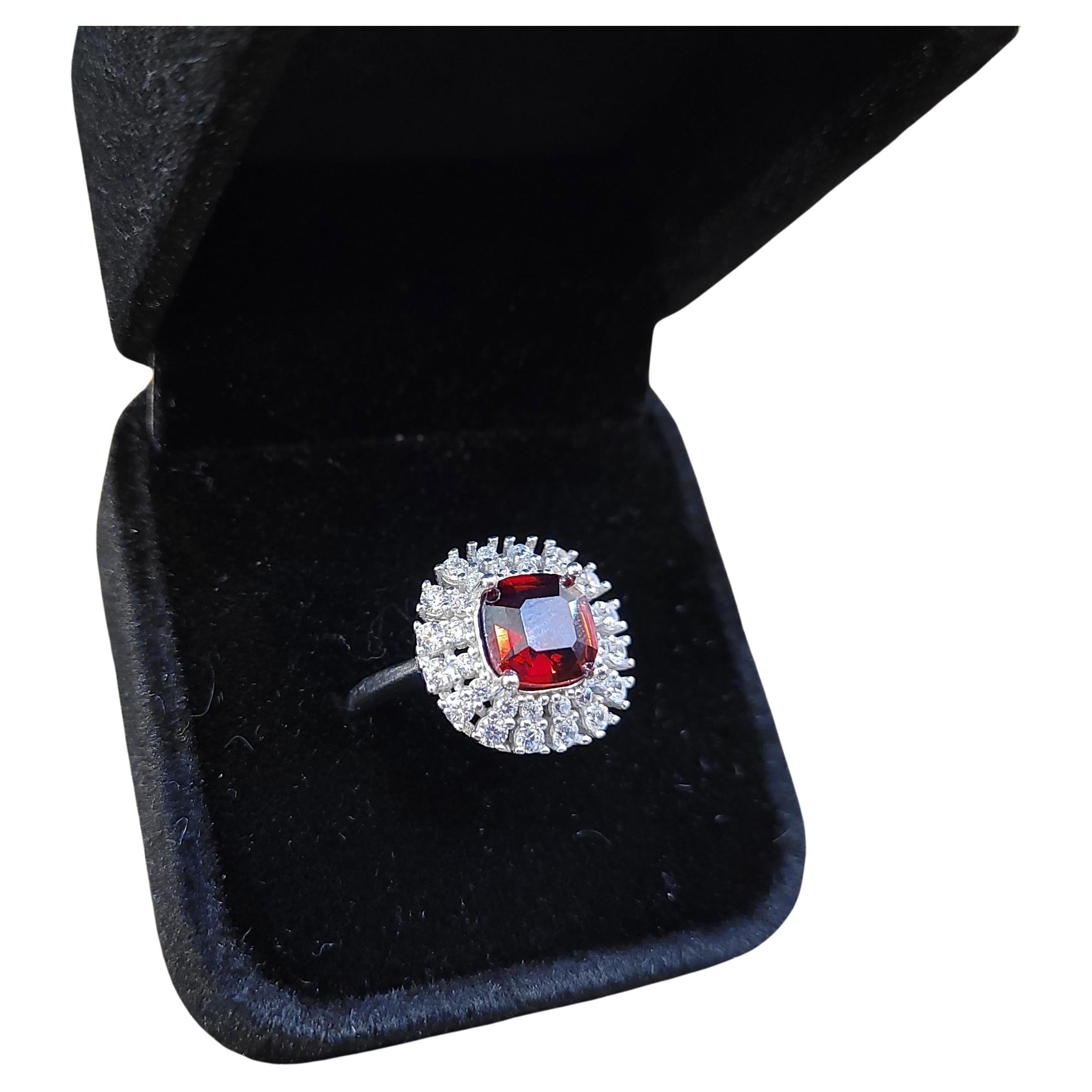 Italian Asscher cut  ruby  silver zircon engagement ring For Sale