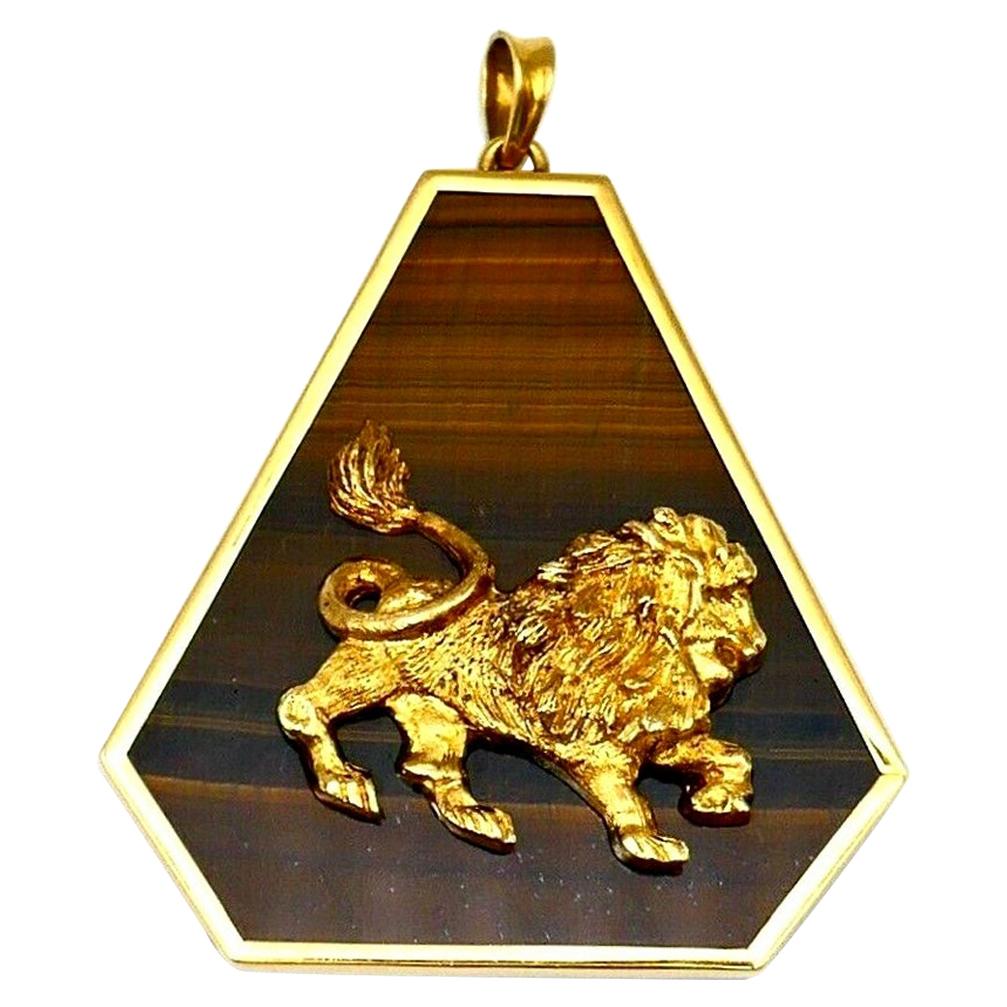Italian Astrological Zodiac Leo Yellow Gold Tiger's Eye Pendant