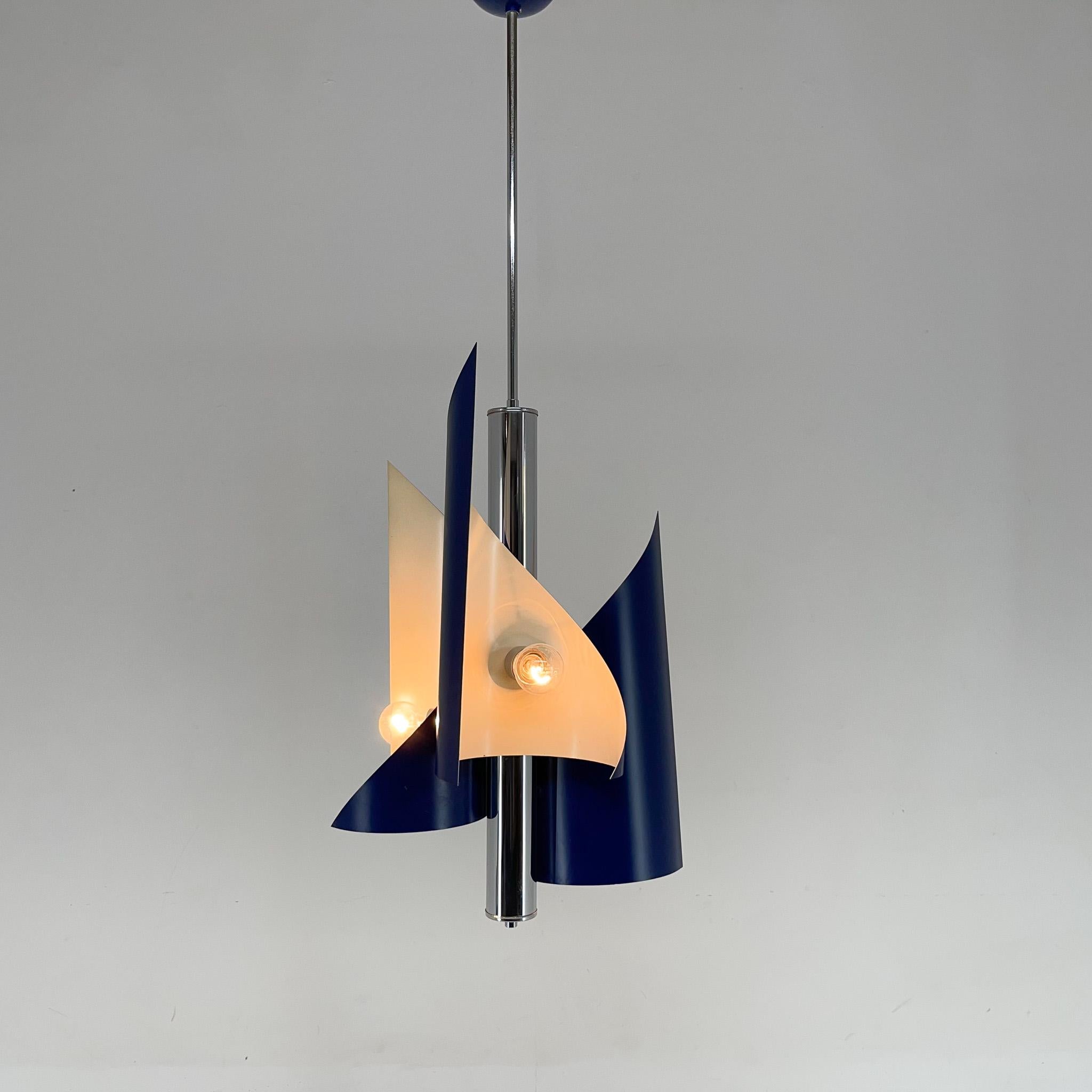 Beautiful vintage asymetrical chandelier / pendant from Italy. Produced in the 1970's. Made of chrome and lacquered metal in blue colour. 
New wiring. Bulbs: 3 x E25-E27.