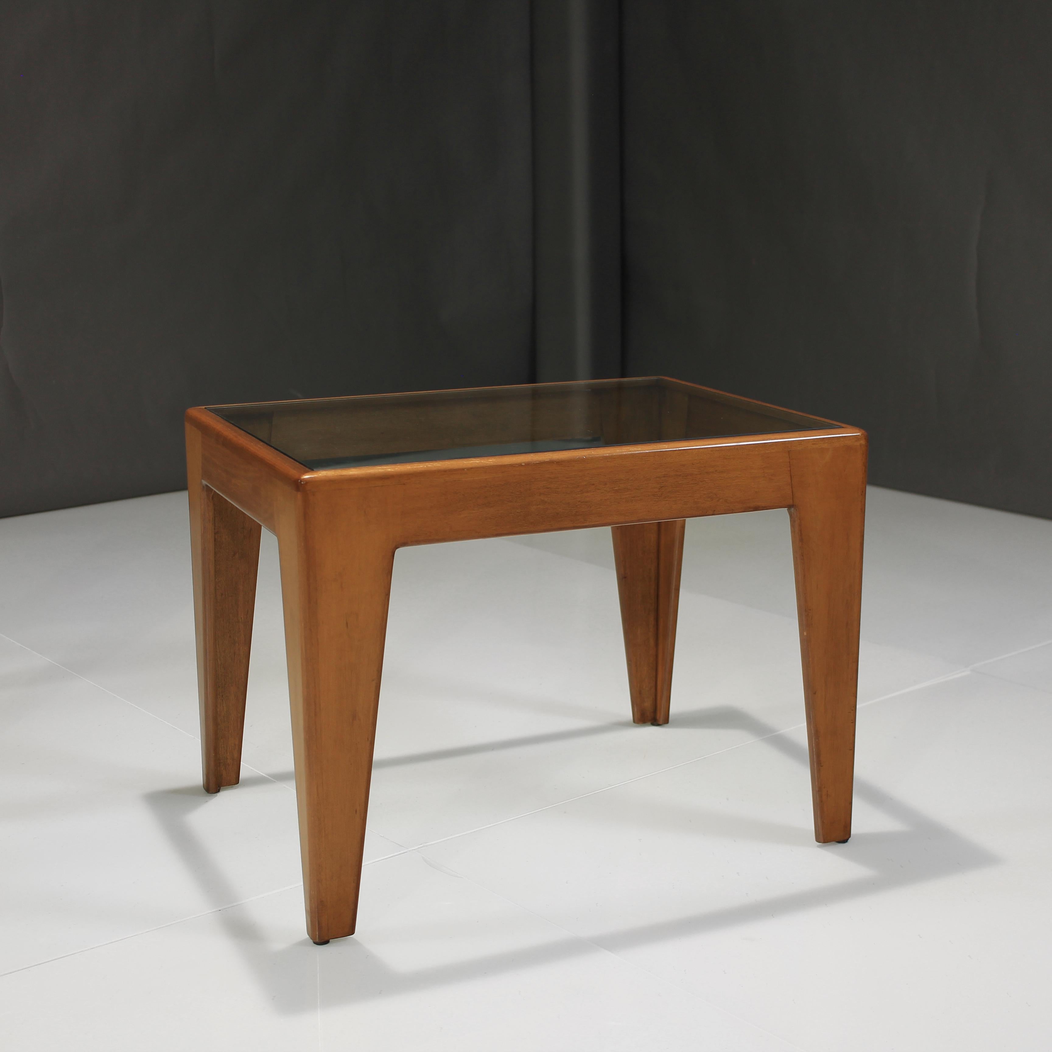 Presenting this lovely unique pair of Birch End Tables in the manner of Gio Ponti.  Displaying lovely lines and a seamless visual all the way around including inlaid glass.  

We acquired these from an older individual who loved collecting rare