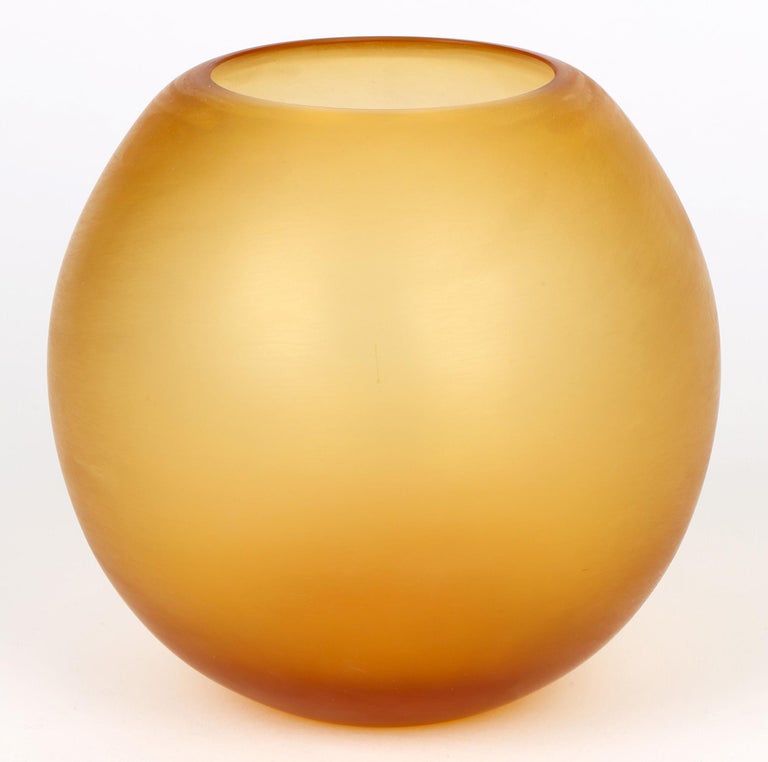 European Italian Attributed Stylish Corroso Amber Glass Signed Vase For Sale