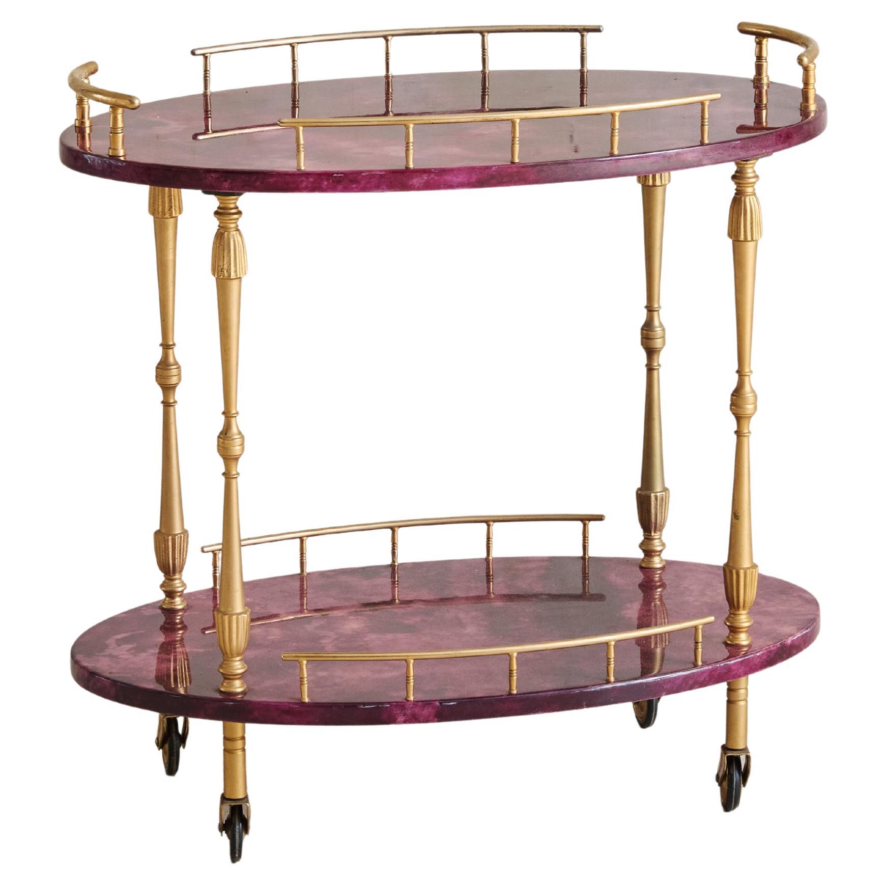 Italian Aubergine Goatskin Parchment Bar Cart by Aldo Tura, 1970s