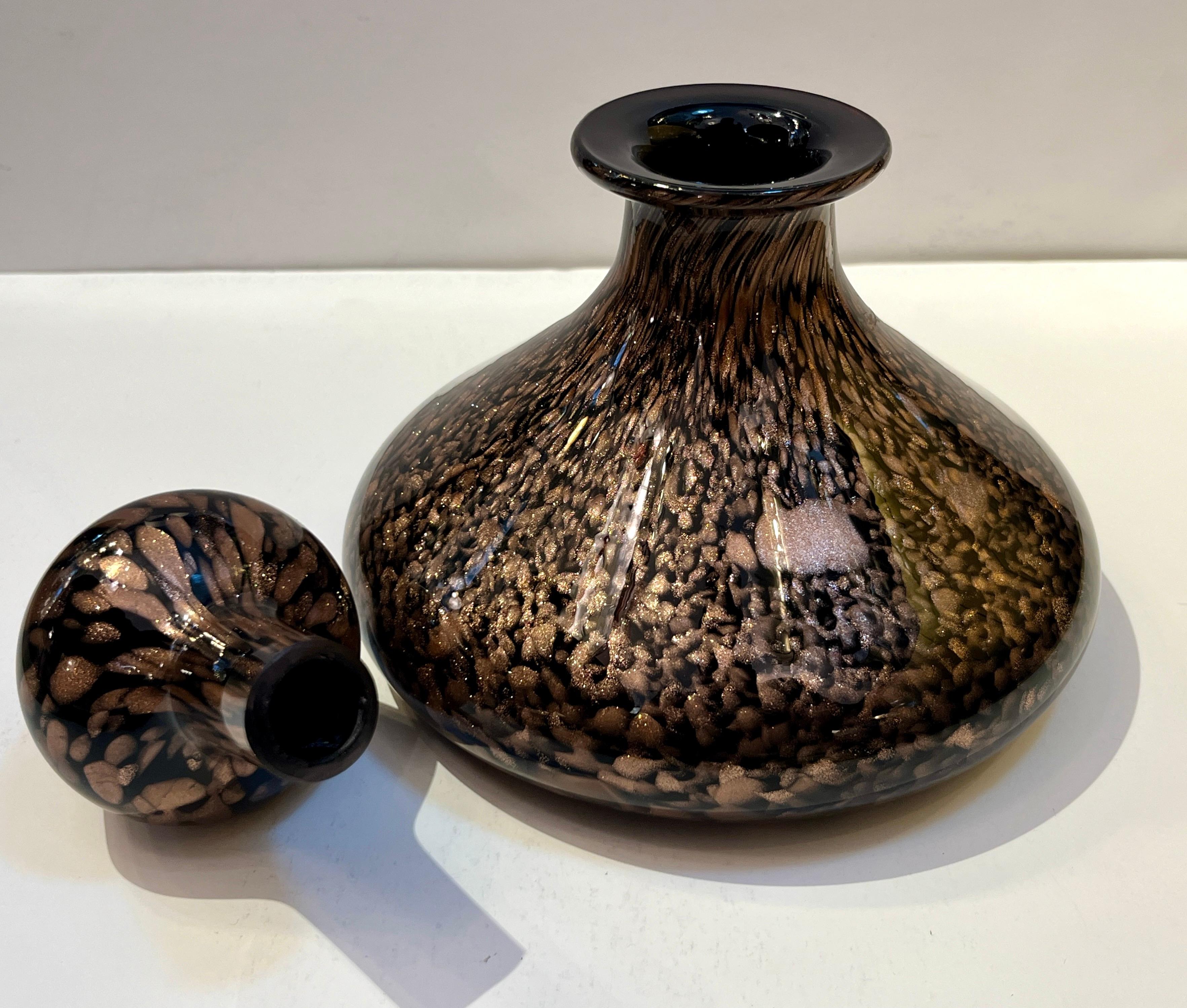 Italian Aventurine Vintage Murano Glass Black Copper Large Bottle with Stopper  For Sale 4
