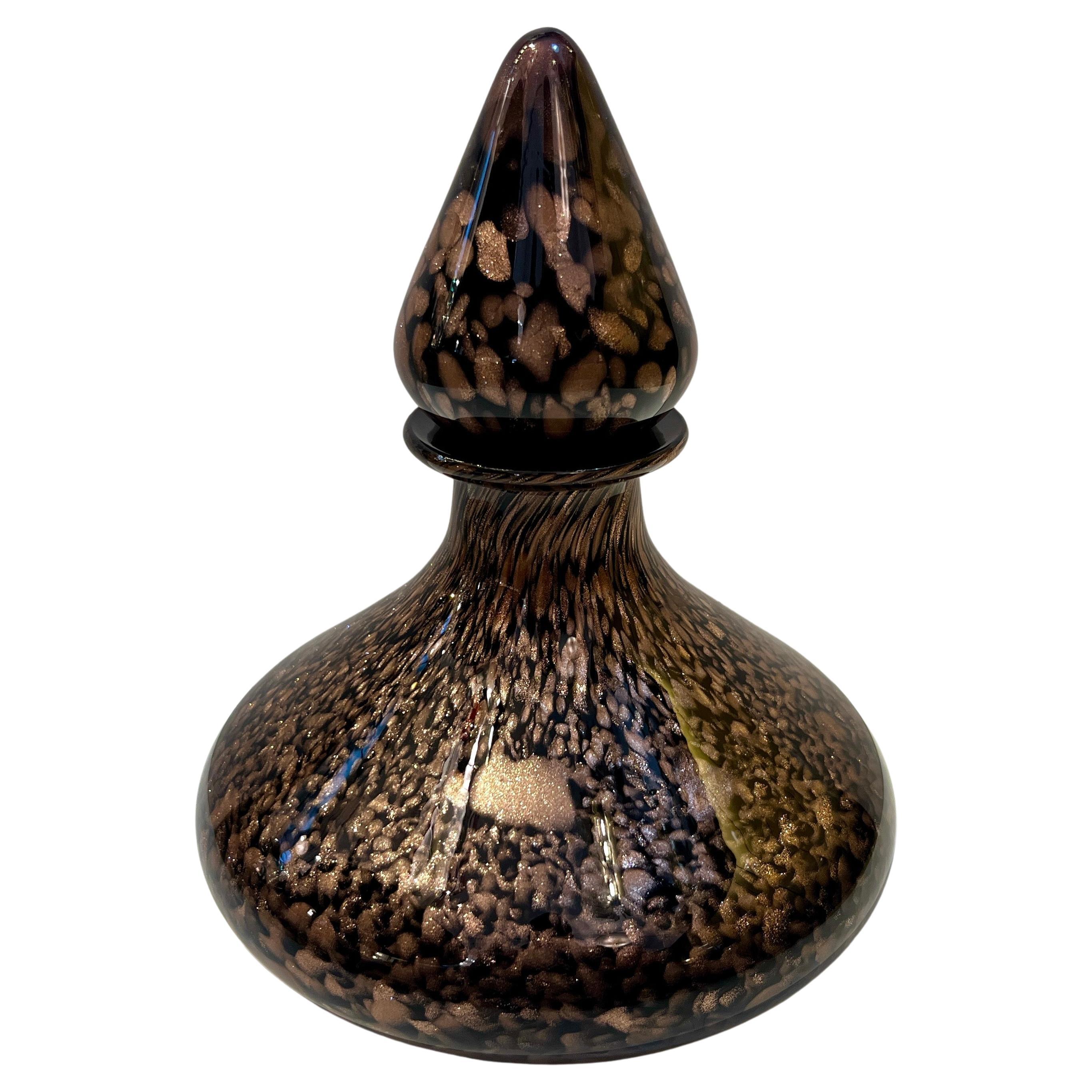 Italian Aventurine Vintage Murano Glass Black Copper Large Bottle with Stopper  For Sale