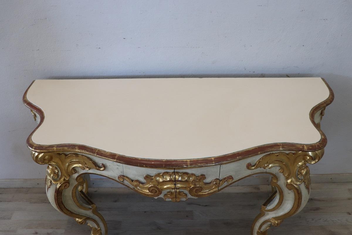 Poplar Italian Baroque Style Lacquered and Gilded Wood Console Table For Sale