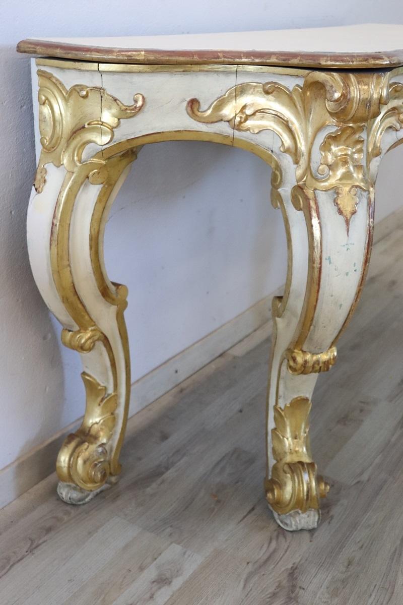 Italian Baroque Style Lacquered and Gilded Wood Console Table For Sale 1
