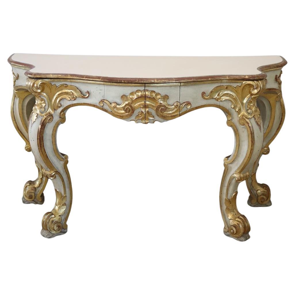 Tavolo consolle in stile barocco italiano in legno laccato e dorato