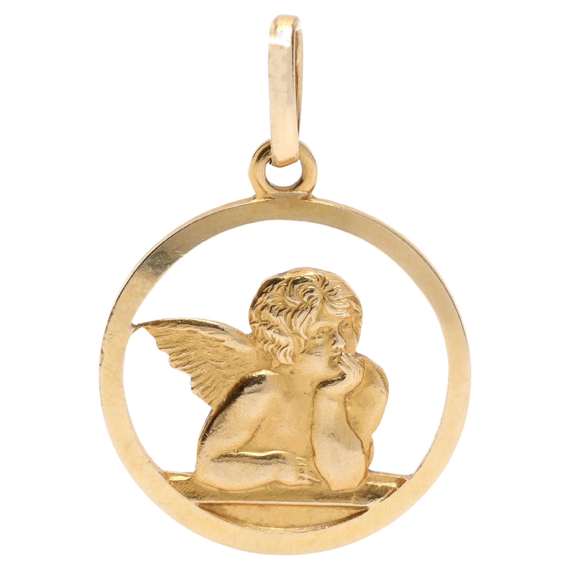 Italian Baby Angel Disc Charm, 14K Yellow Gold, Length 7/8 Inch, Medium