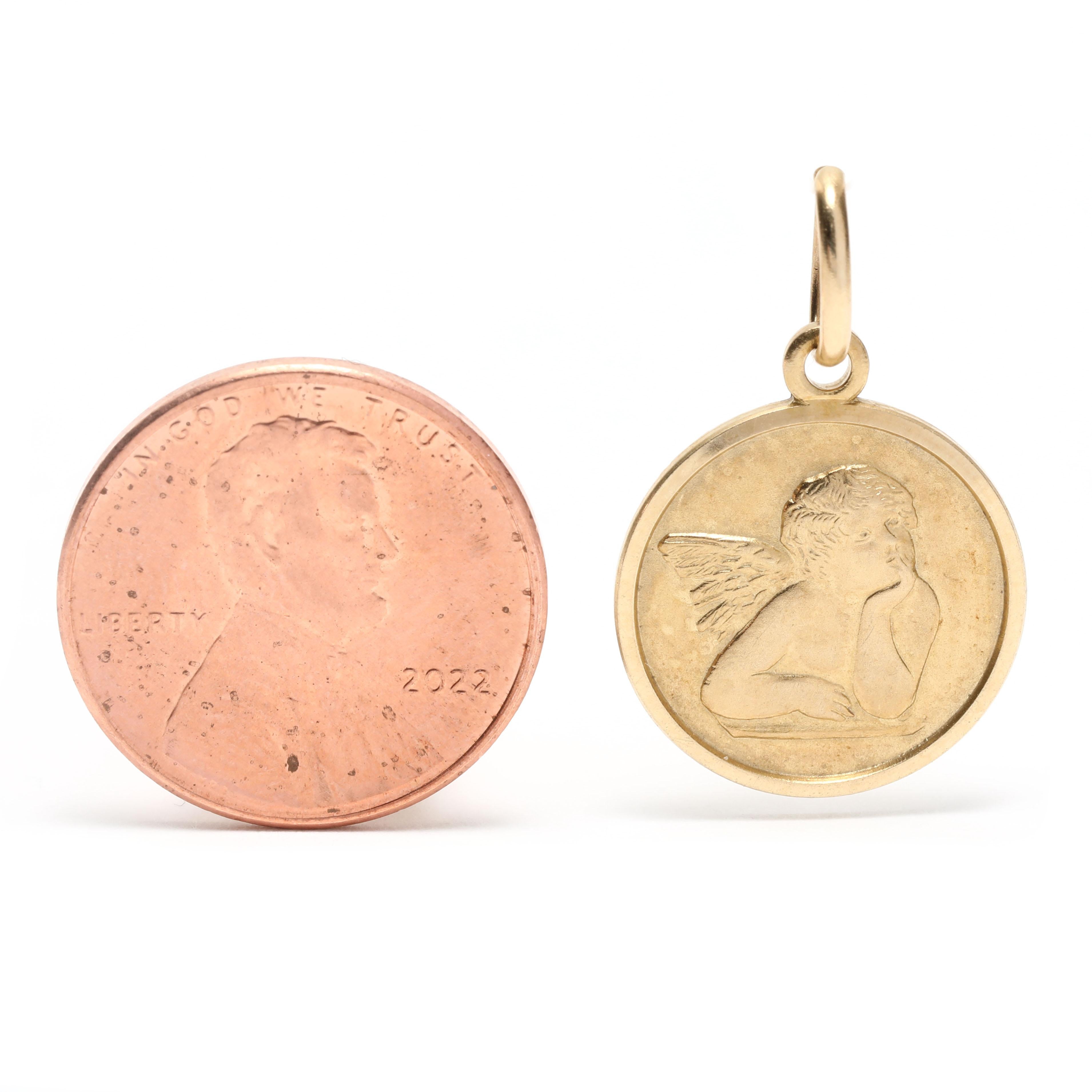 Dieser 14K Gelbgold Italian Baby Angel Disc Charm ist eine schöne und sinnvolle Ergänzung zu jeder Schmucksammlung. Mit Qualität Handwerkskunst gefertigt, dieser Charme zeigt ein Baby Engel mit Flügeln, und misst 7/8 Zoll in der Länge. Dieser
