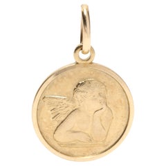 Italian Baby Angel Disc Charm, 14K Yellow Gold, Length 7/8 Inch, Medium Gold